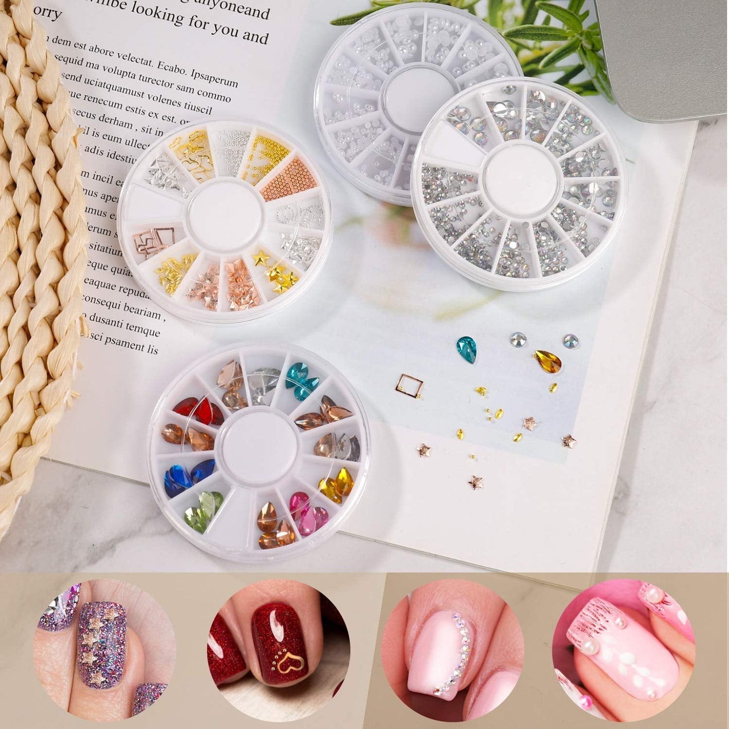 Nail Art Dekorationen & Nagelpinsel Set, Nageldesign Zubehör, Nagelset 5 Stk 2 Wege Punktierung Stift, 15 Malerei Polnisch Pinsel Set, 10 Streifenband, 4 Boxen Bunte Nagel Strass Dekoration