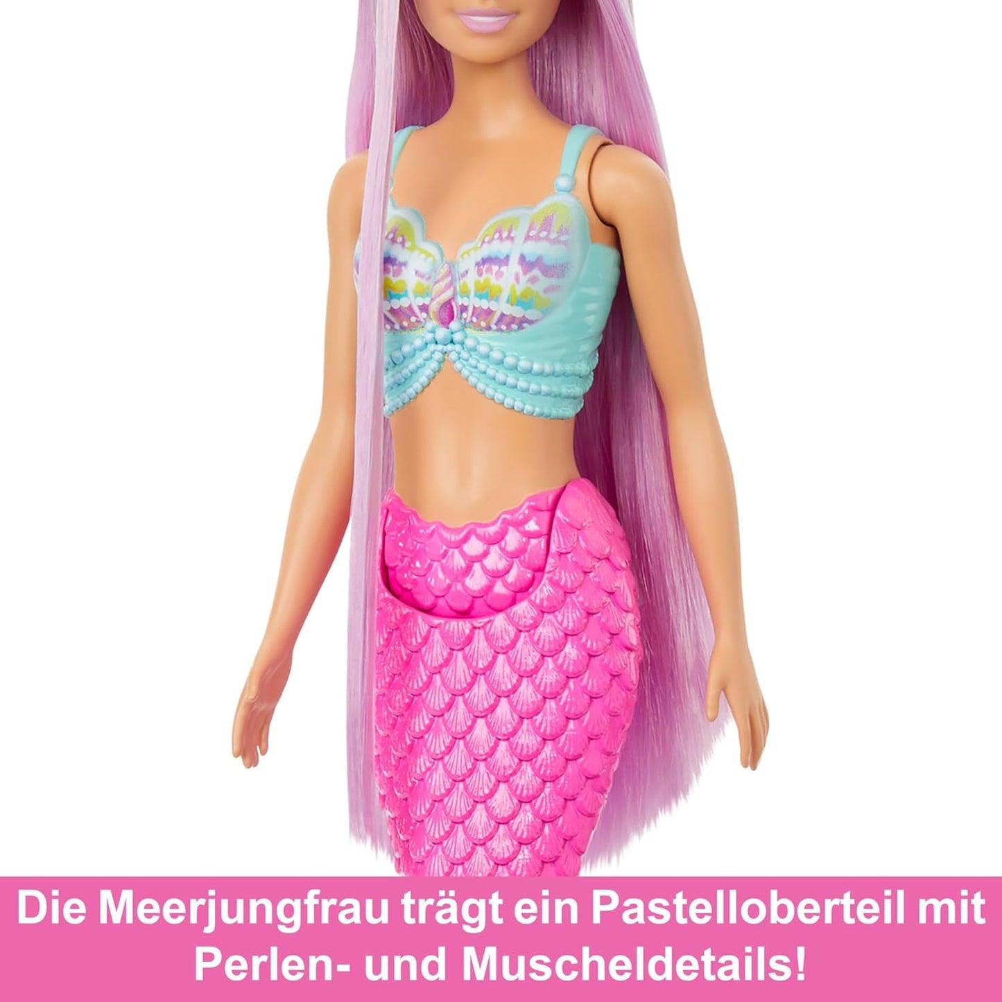 Poupée Barbie Sirène - avec de longs cheveux roses et des accessoires de coiffure individuels, dont une brosse, une jolie pointe festonnée et une nageoire caudale rose, à partir de 3 ans, HRR00