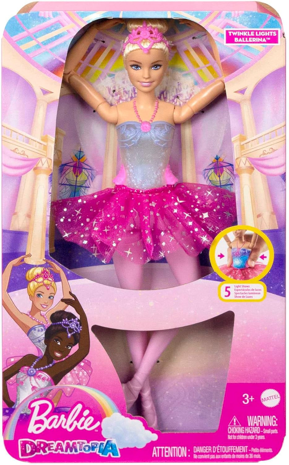 Barbie Dreamtopia Poupée Ballerine Magique avec Lumières, Tutu Rose et Cheveux Blonds, 5 Effets Lumineux et Sonores, Barbie Positionnable, 3 Ans et Plus, HLC25