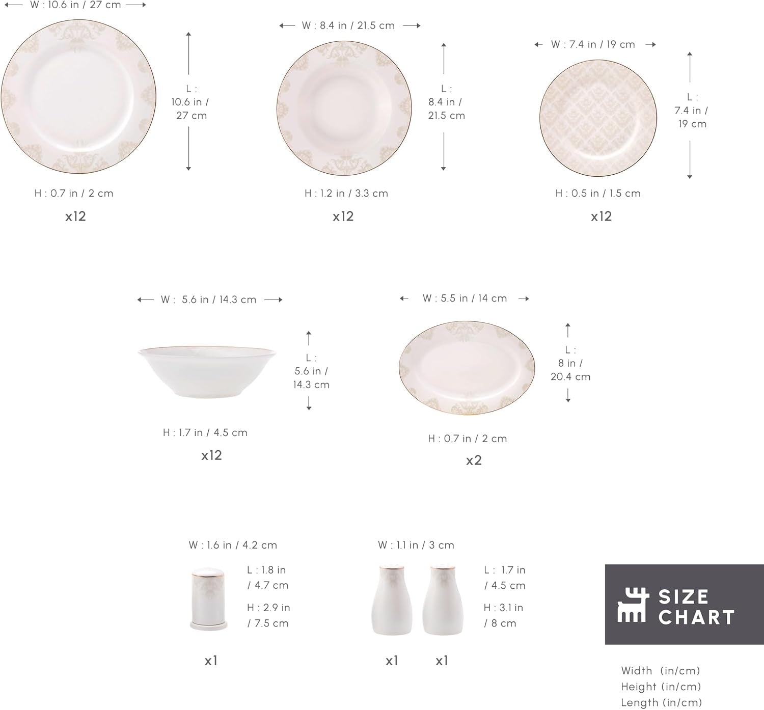 Karaca Elegance Bone Siena Service de table pour 12 personnes, service de table moderne en porcelaine, service de table avec bols à soupe, plateau de service, assiettes creuses, assiettes à dessert – Blanc et doré