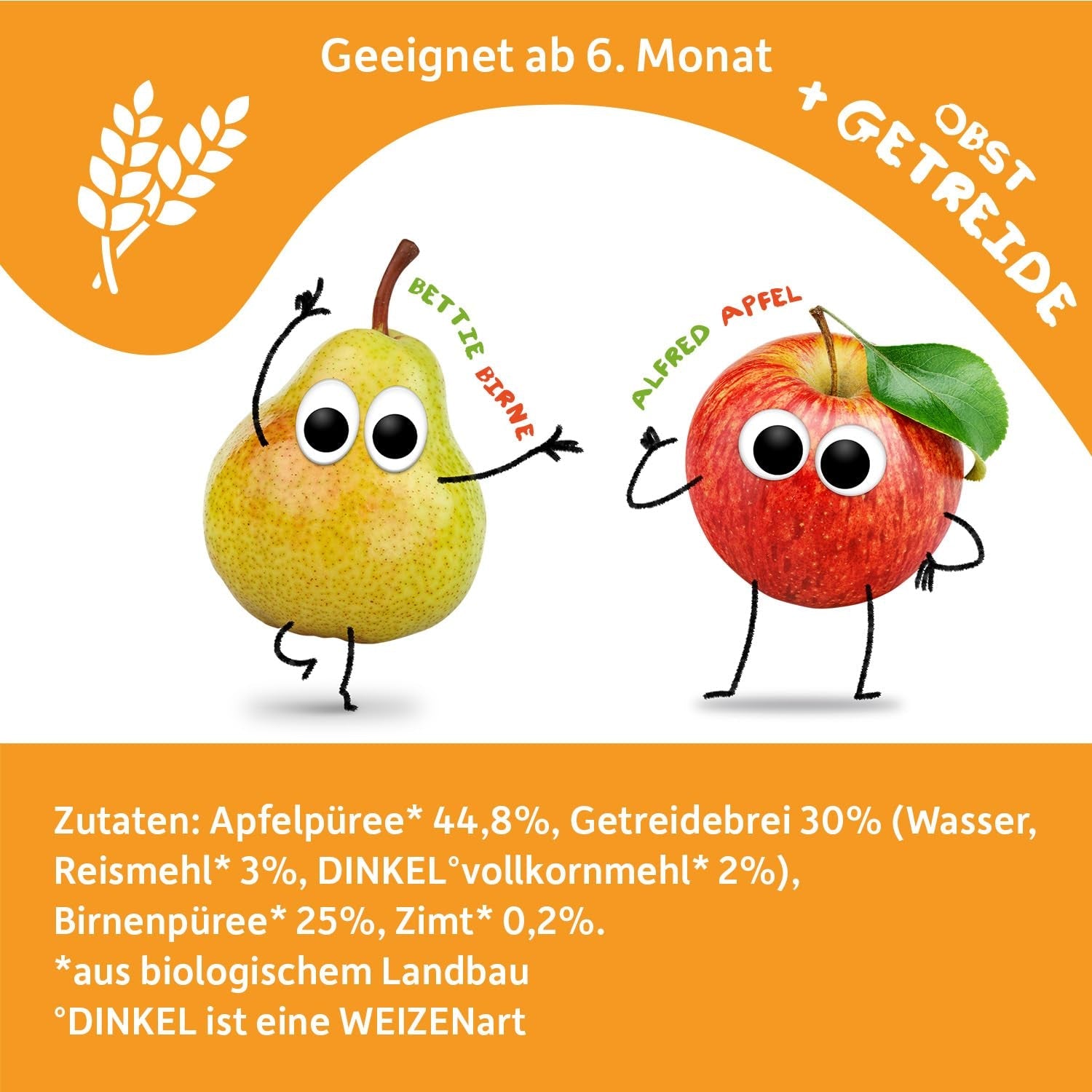 FRECHE FREUNDE Sachet de fruits à presser biologique pomme cannelle poire riz épeautre purée de fruits avec céréales pour bébés de 6 mois et plus végétaliens 6 paquets (6 x 100 g)