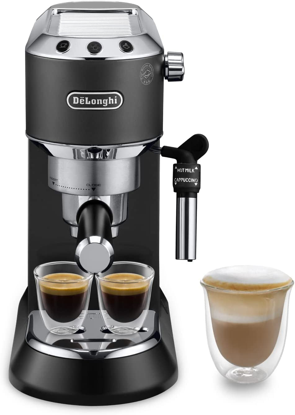 De'Longhi Dedica Style EC 685.B – Machine à expresso avec porte-filtre, machine à expresso avec mousseur à lait professionnel, seulement 15 cm de large, pour café moulu ou capsules ESE, réservoir d'eau 1 l, noir
