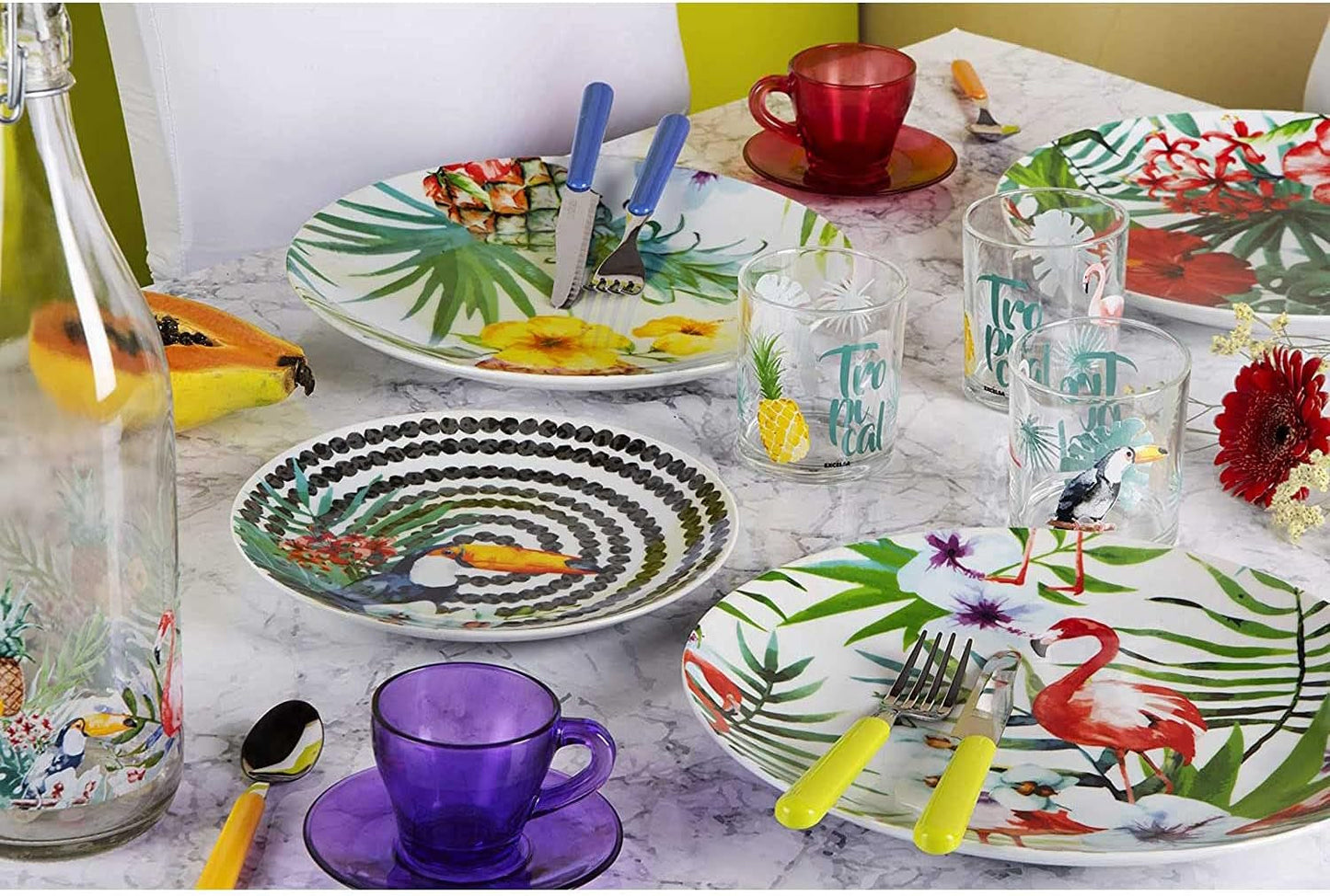 Excelsa Tropical Chic Service d'assiettes, 18 pièces, Porzellan, grande couleur