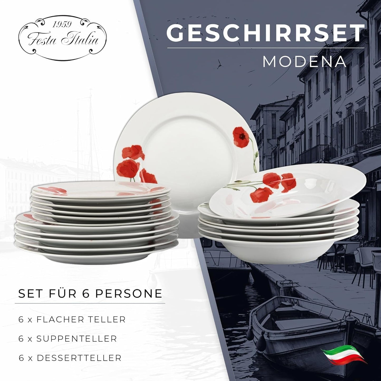 Service de table pour 6 - 18 pièces - Service de table en porcelaine - Service de table blanc - Service de bols et d'assiettes - Vaisselle moderne - Assiettes - Service de table - Service de table pour 6 personnes