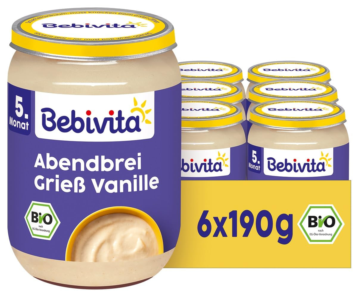 Porridge du soir à la semoule bio et vanille (6 x 190g), dès 5 mois, sans sucre ajouté, très nourrissant, qualité 100% bio