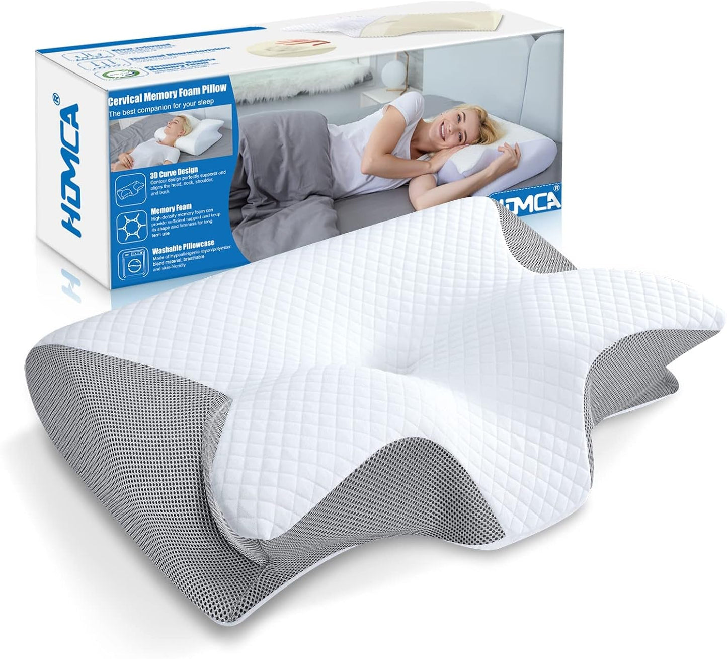 HOMCA Oreiller cervical Oreiller orthopédique 2 en 1 Oreiller en mousse à mémoire de forme Oreiller de soutien du cou Oreiller de tête ergonomique pour douleurs dorsales, latérales et abdominales 60 X 13/11 X 40 cm Oreillers orthopédiques cervicaux Naty Shop Gris