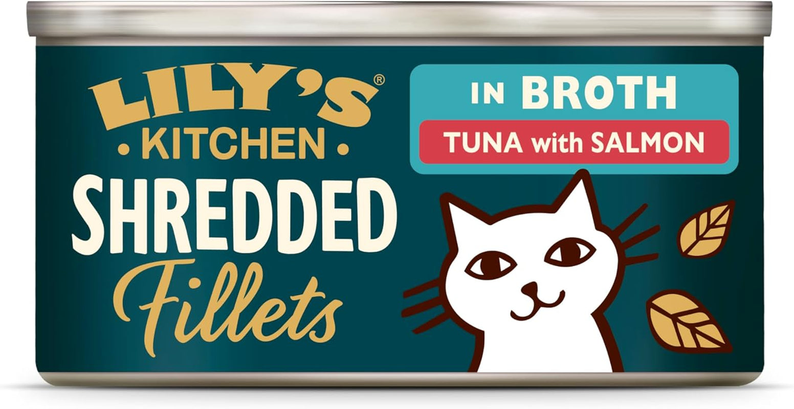 Filets hachés au bouillon de thon et de saumon, préparés avec des ingrédients naturels, Lily's Kitchen, nourriture humide pour chat adulte, boîte de 70g