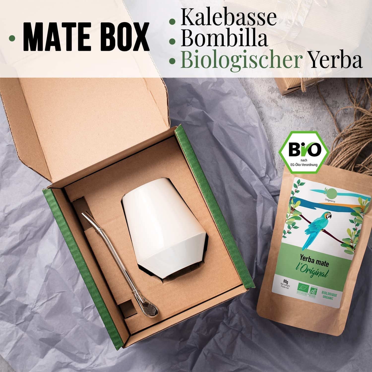 SERVICE À THÉ ORIGEENS MATE Avec tasse à maté portugais, bombilla et thé BIO Yerba Mate - Coffret cadeau original