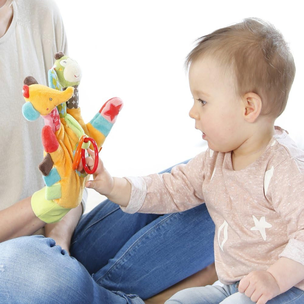 Fehn Play Glove Safari - Marionnettes à doigts pour bébé singe et éléphant et chaussettes cloches pour bébé licorne - chaussettes bébé avec fonction cloche et tête de licorne - stimulent la motricité et les sens Bebe Toys Naty Shop