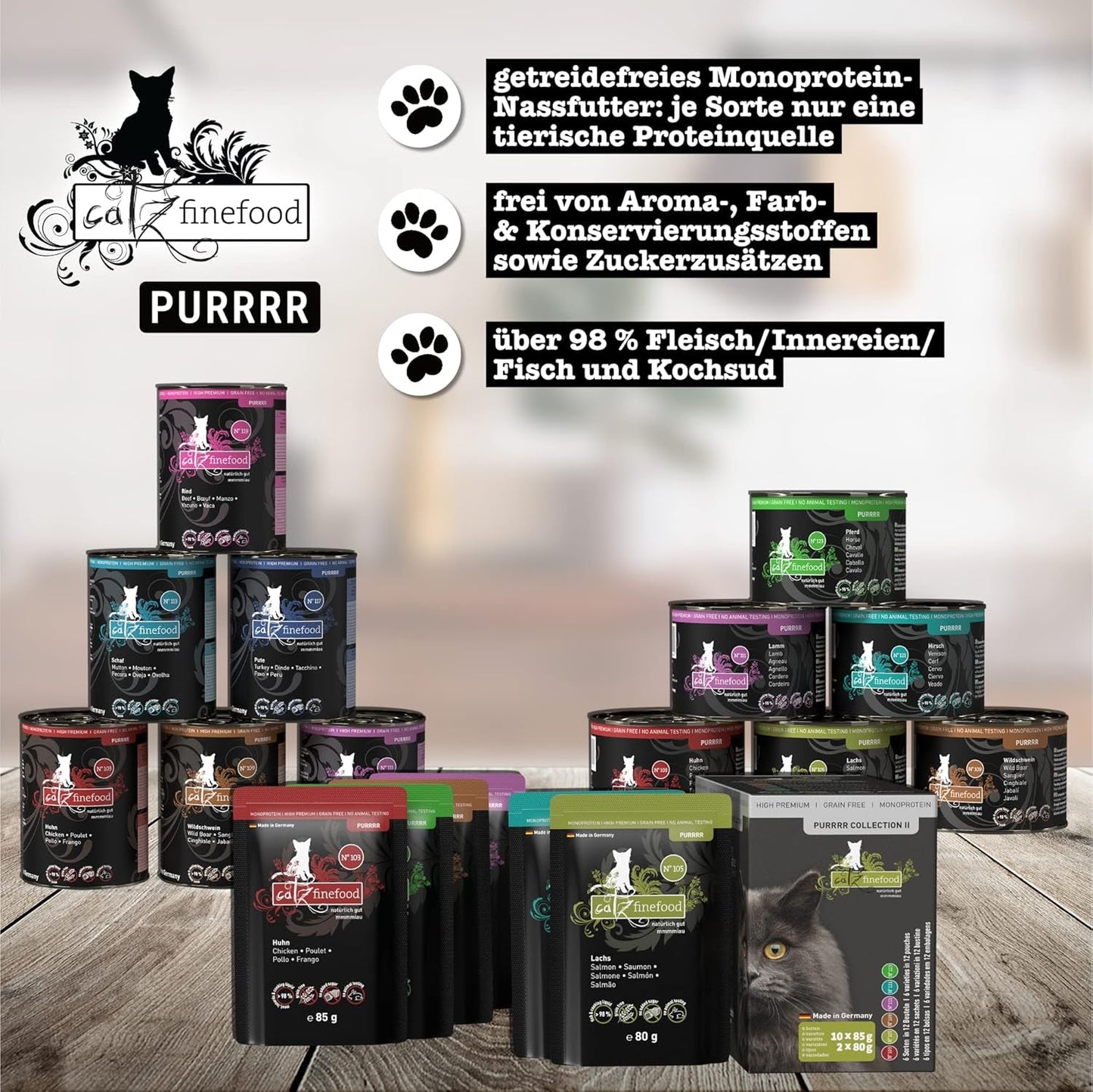 Catz Finefood Purrrr Collection I - Nourriture humide monoprotéinée pour chats - Sans céréales, sans sucre, hypoallergénique - Haute teneur en viande - Multipack de nourriture humide pour chats - En sachets, 85 g (12 paquets)