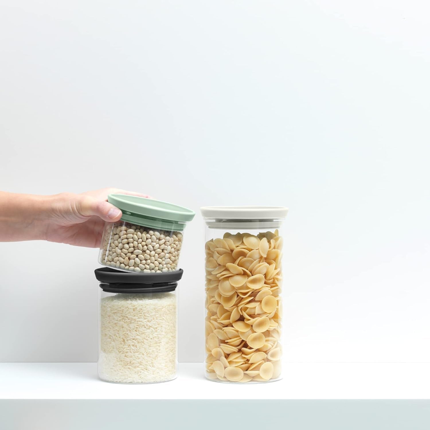 Brabantia - Récipient en verre empilable avec couvercle - Lot de 3 - Conservation des aliments - Garde les aliments frais plus longtemps - Joint en silicone - Passe au lave-vaisselle - Gris foncé/Gris clair/Vert jade - Boîtes de conservation alimentaire 0,3L/0,6L/1,1L Naty Shop