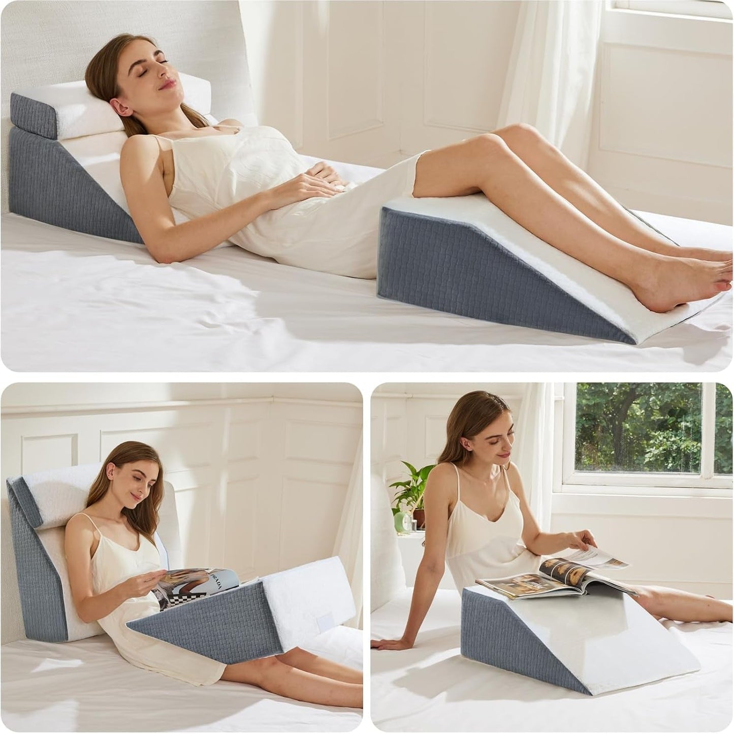 Oreiller de lecture et oreiller élévateur de jambes en plumes, oreiller en mousse à mémoire de forme pour le cou, le dos et les jambes, oreiller amovible multifonctionnel pour lit, canapé, assis, dormir et se reposer, 58x55x28cm