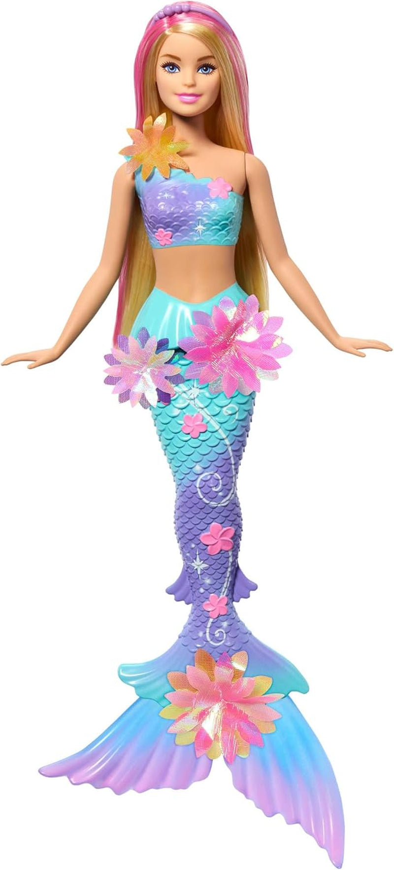 Barbie Meerjungfrauen-Spielzeug Puppe mit magischer Überraschungs Blüte, Schwanzflosse mit Farbverlauf, perlesnbesetzten Hair et long blonden Hair mit rosa Strehchen, JDM72
