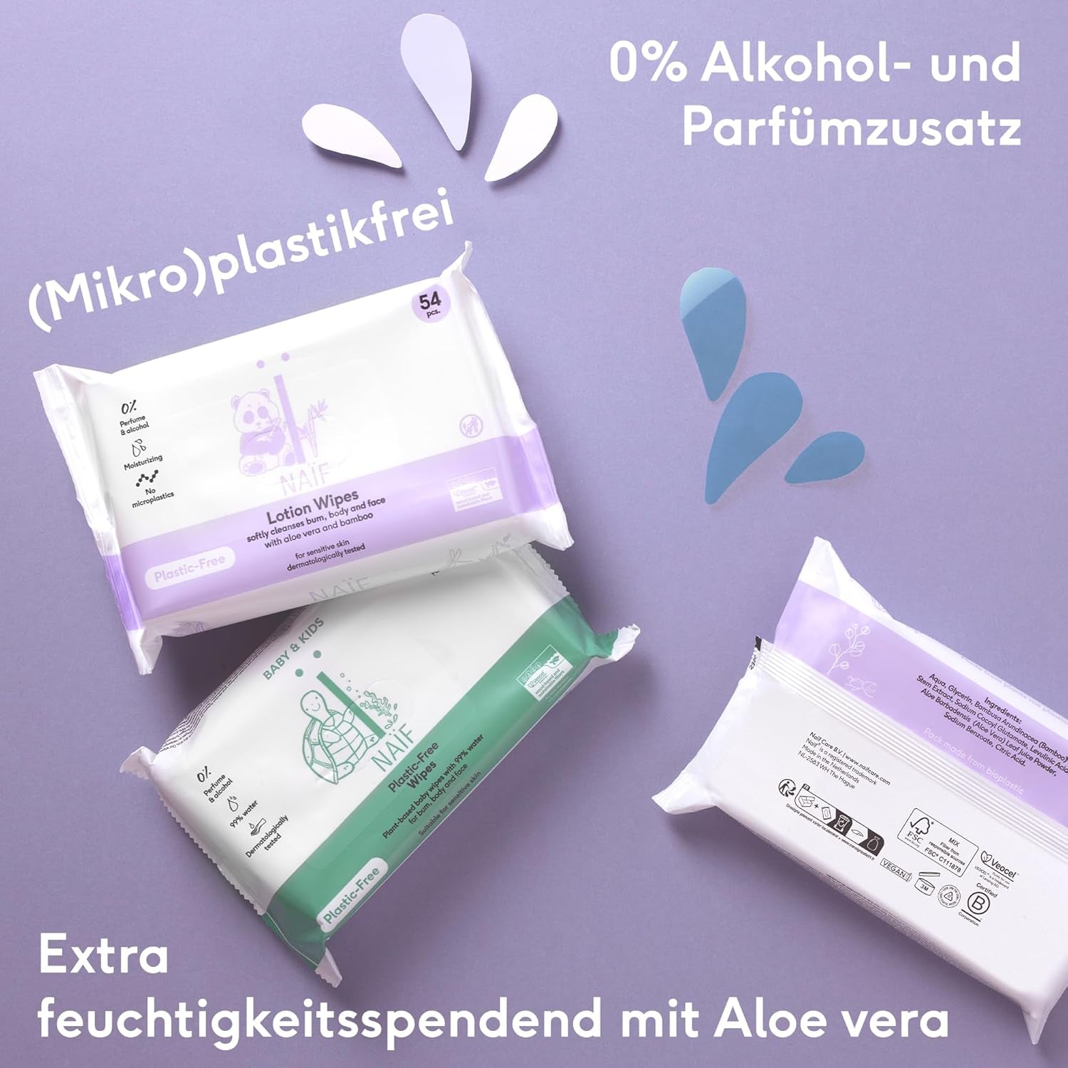 Naïf - Lingettes humides avec lotion sans plastique - 1296 pièces (24 paquets de 54 lingettes) - pour bébés et enfants - Fesses, corps et visage de bébé - à l'Aloe Vera et au Bambou - 0% Parfum et Alcool