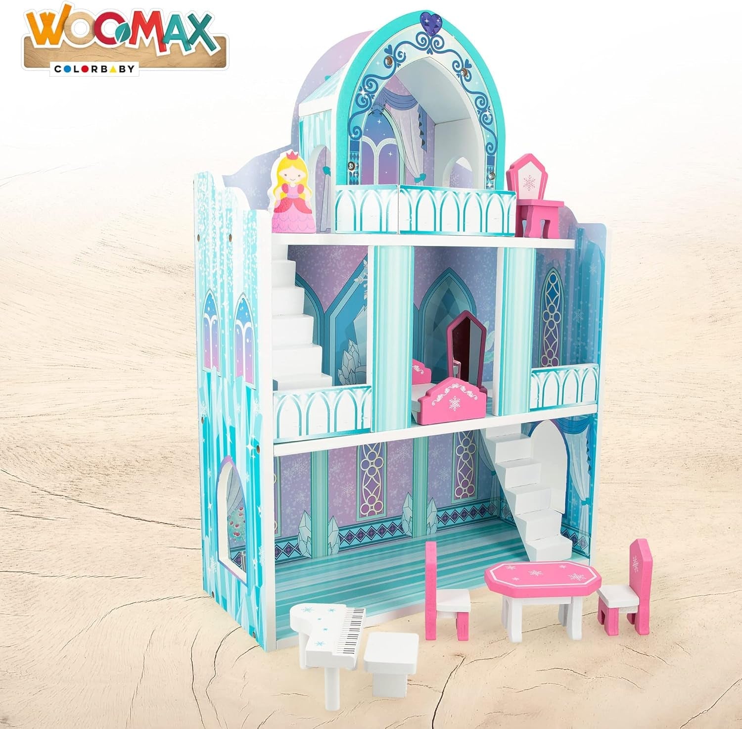 Maison de poupée en bois, Châteaux de princesse en bois, Maisons de poupées, 3 étages, Châteaux de princesse, 9 pièces en bois, 37x15x53,5 cm, Jouet en bois, 3 ans et plus
