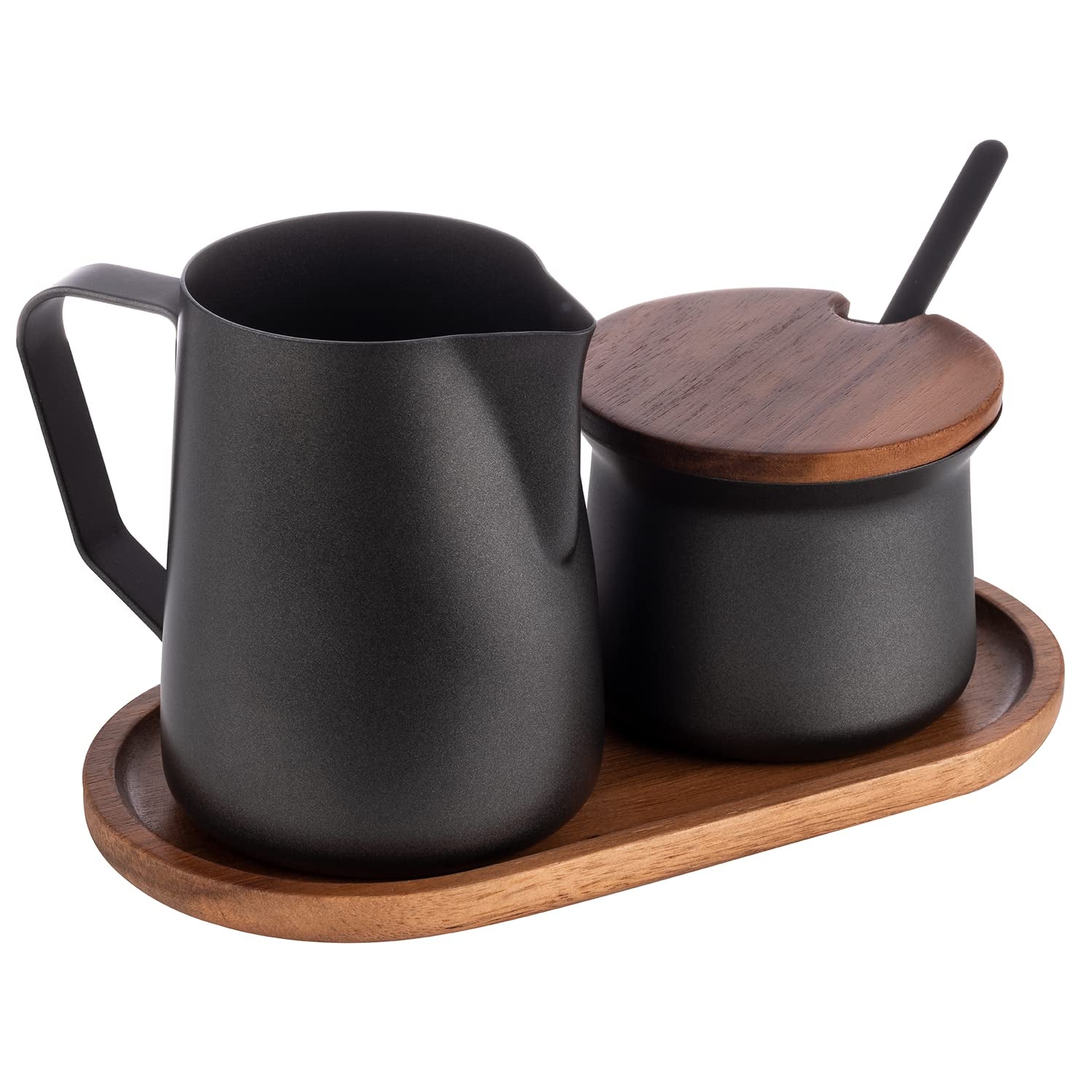 Service à lait et sucre APS 634, set 5 pièces, bois d'acacia, acier inoxydable, revêtement antiadhésif, noir