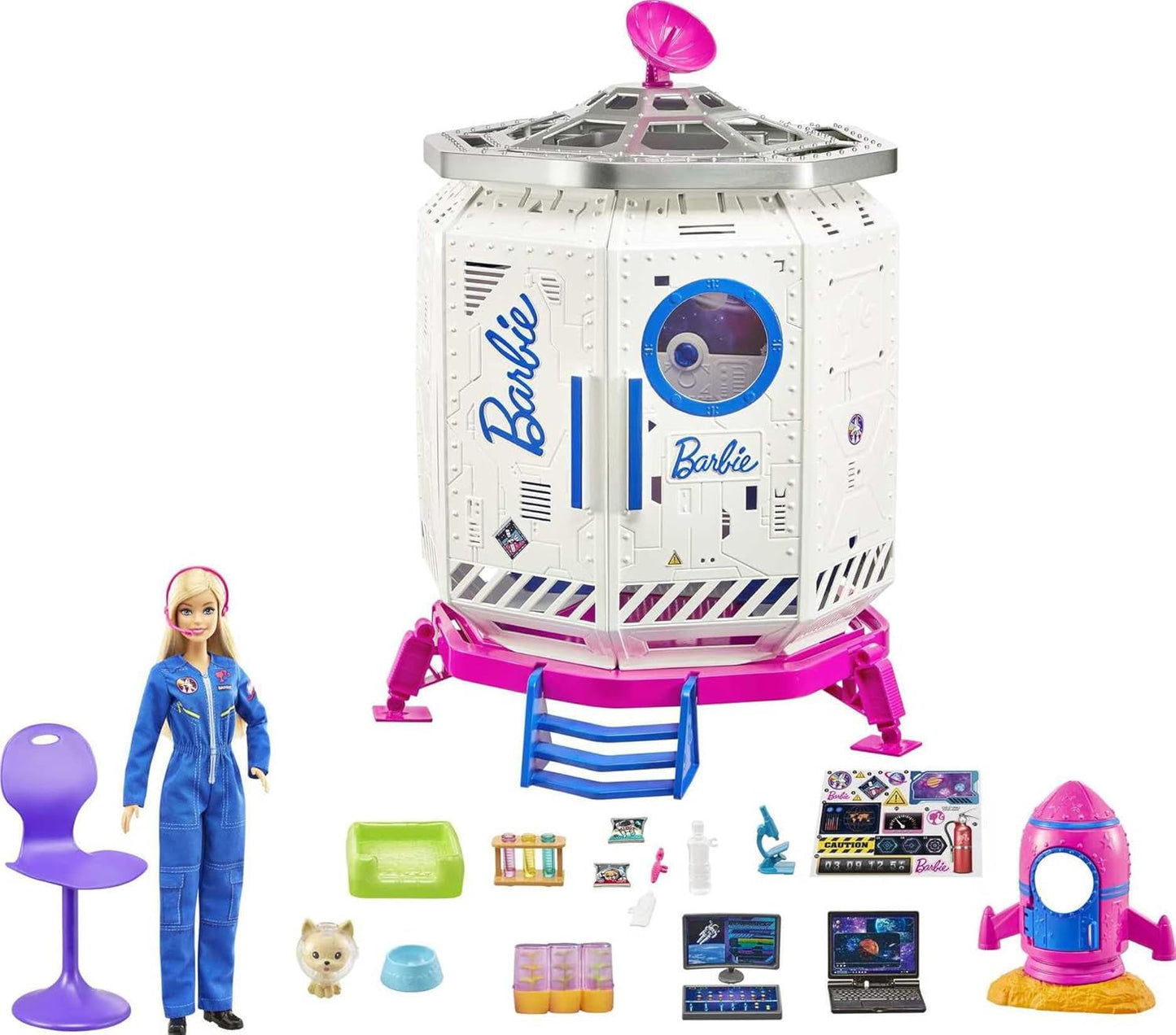 Barbie GXF27 - Station spatiale Aventure spatiale, poupée spatiale, chiot, poste de travail, scènes spatiales, 20 accessoires, jouet cadeau pour enfants à partir de 3 ans