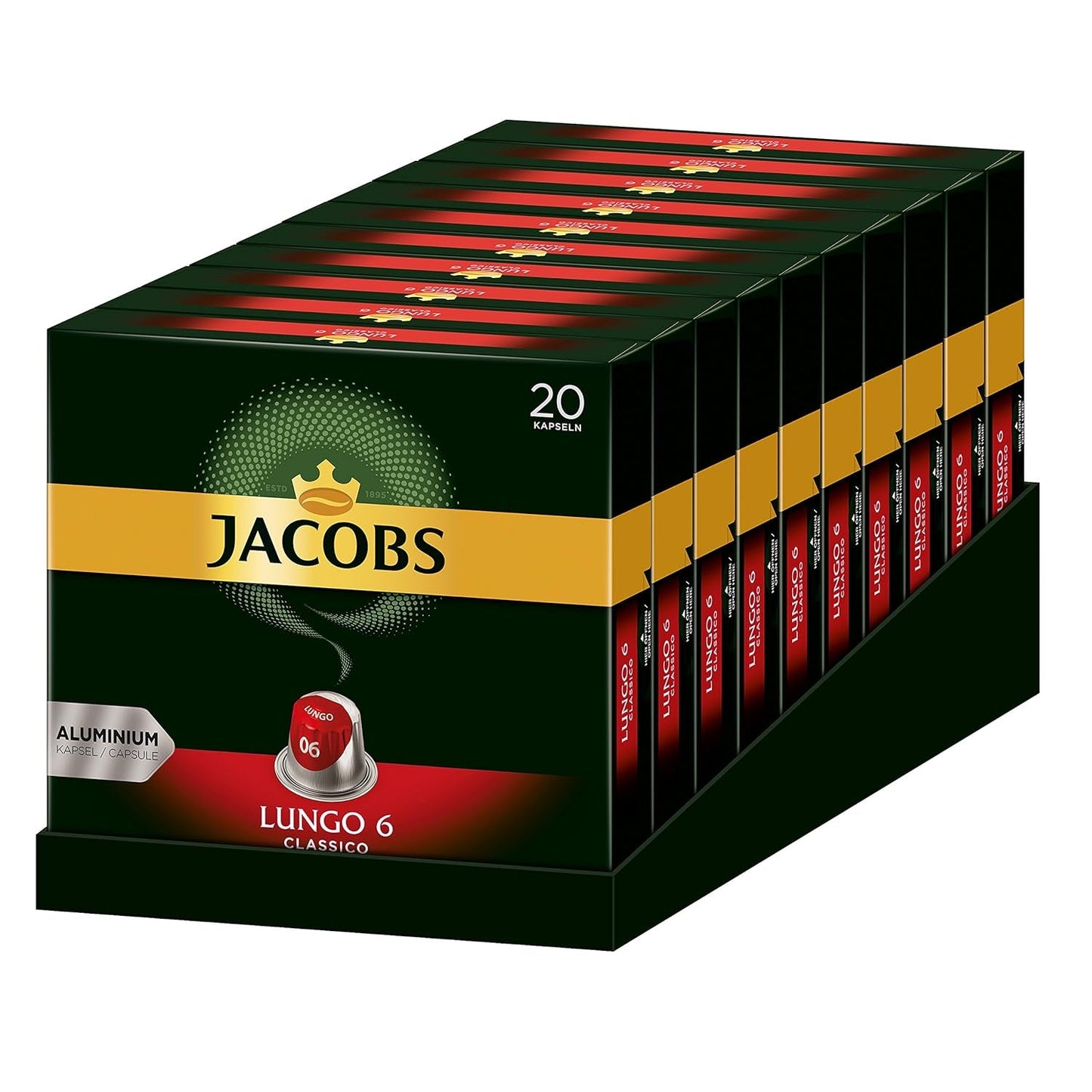 Jacobs Capsules de café Guten Morgen XL Intense - Pack de 10 (10 x 20 tasses) & Capsules de café Lungo Classico, Intensité 6 sur 12, 20 capsules compatibles Nespresso®*, 10 x 20 tasses