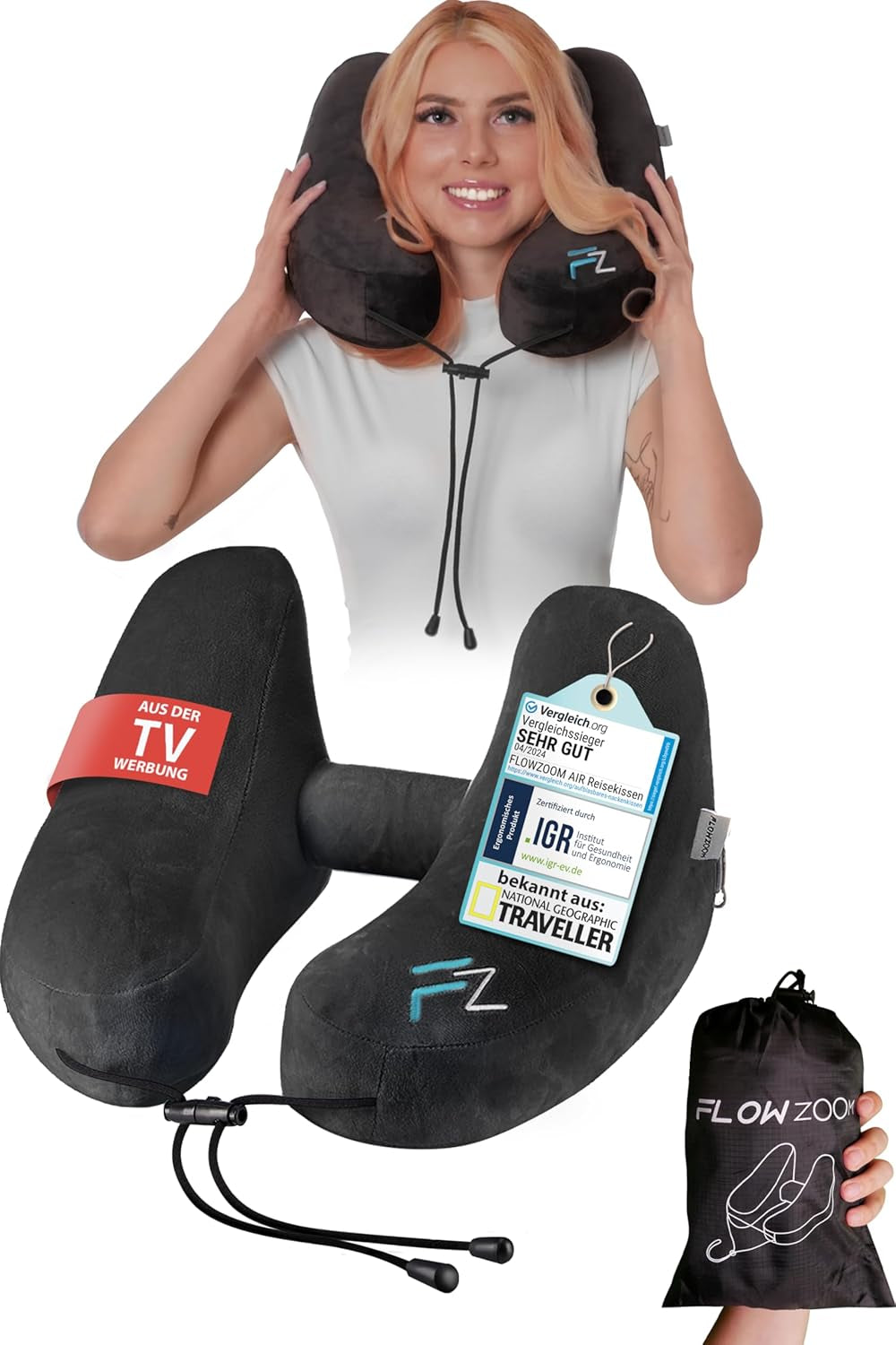 Oreiller cervical gonflable FLOWZOOM AIR avec capuche - Oreiller cervical avion - Oreiller de voyage - Oreiller cervical gonflable rapide - Oreiller avion - Oreiller de voyage - Oreiller cervical adulte (Gris) Naty Shop Oreillers orthopédiques cervicaux 4) Noir - Taille M