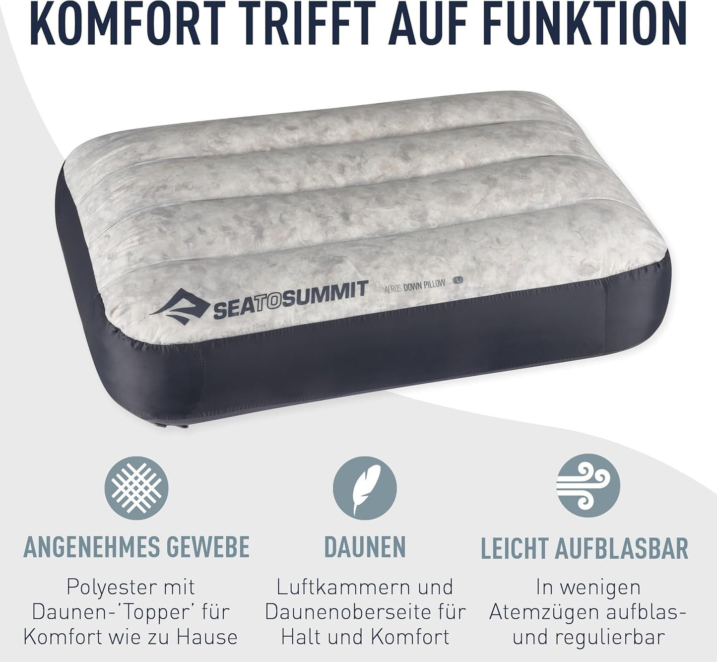 Sea to Summit - Oreiller de voyage Eros Down L - Ultraléger et gonflable - Matériau 10D - Oreiller en duvet de qualité supérieure - Antidérapant - Pour la randonnée et le camping - 42 X 28 X 12 cm - Gris - 95 G Naty Shop Oreillers de voyage