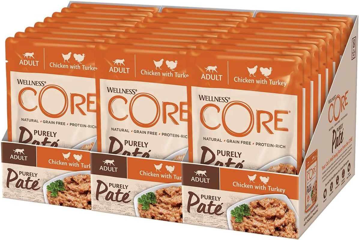 Wellness CORE Purely Paté 24 x 85g, Poulet et Dinde - Nourriture humide pour chats, pâté fin, sans céréales, naturelle, hypoallergénique, riche en protéines, riche en viande
