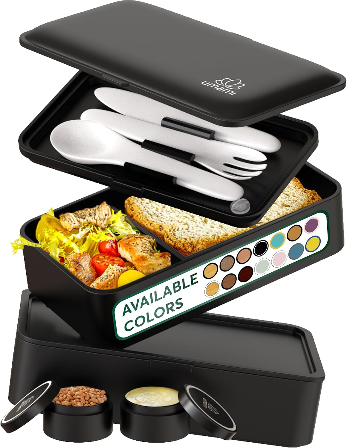 Umami Boîte à Lunch pour Adultes, Boîte à Bento Empilable avec 4 Couverts et Compartiments, Boîte à Lunch Adulte, Récipient à Salade à Emporter, Boîte à Lunch Pique-Nique/Bureau, Gris Charbon, 1500 ML Naty Shop Boîtes de Conservation des Aliments Noir Mat L - 1200 Ml