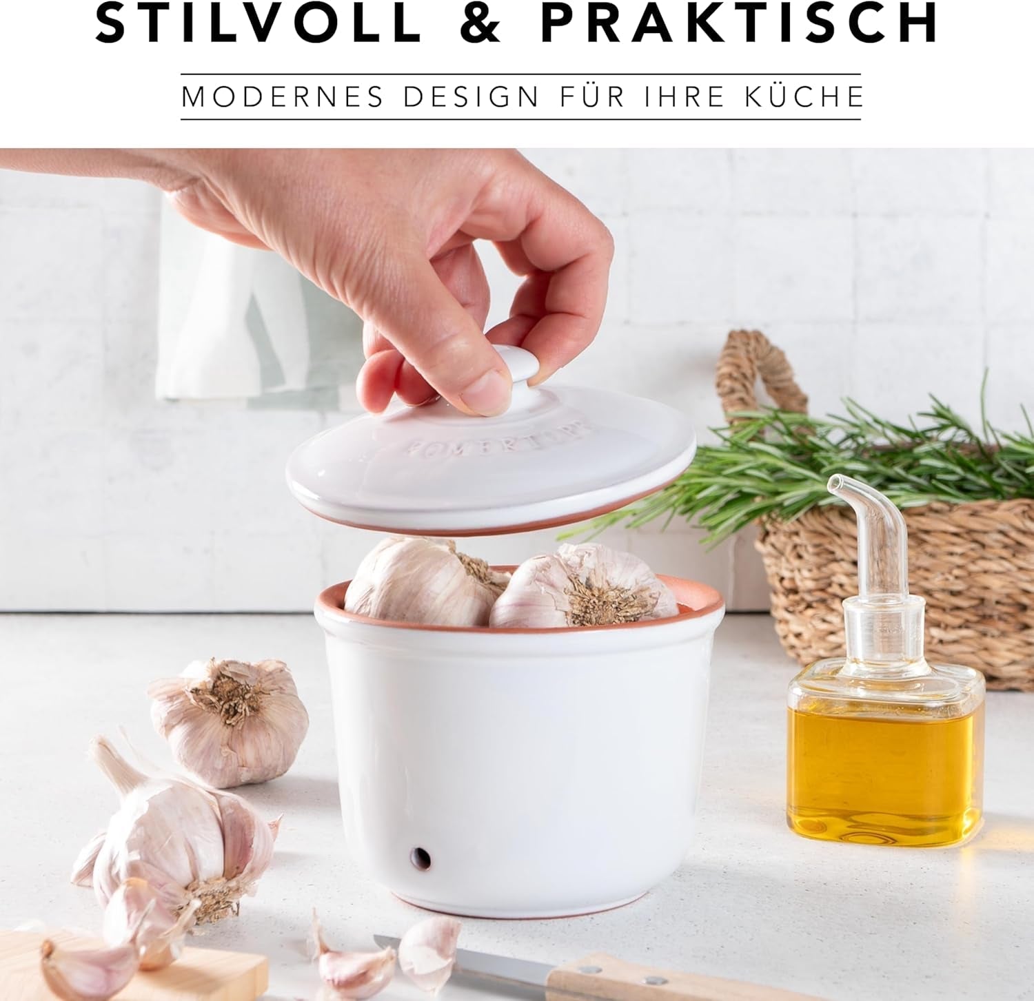 Römertopf Fresh Pot MINI 0,6 litres - Pot à ail en céramique - L'argile respirante garde les légumes frais plus longtemps - Circulation d'air idéale - Boîtes de conservation blanches Naty Shop