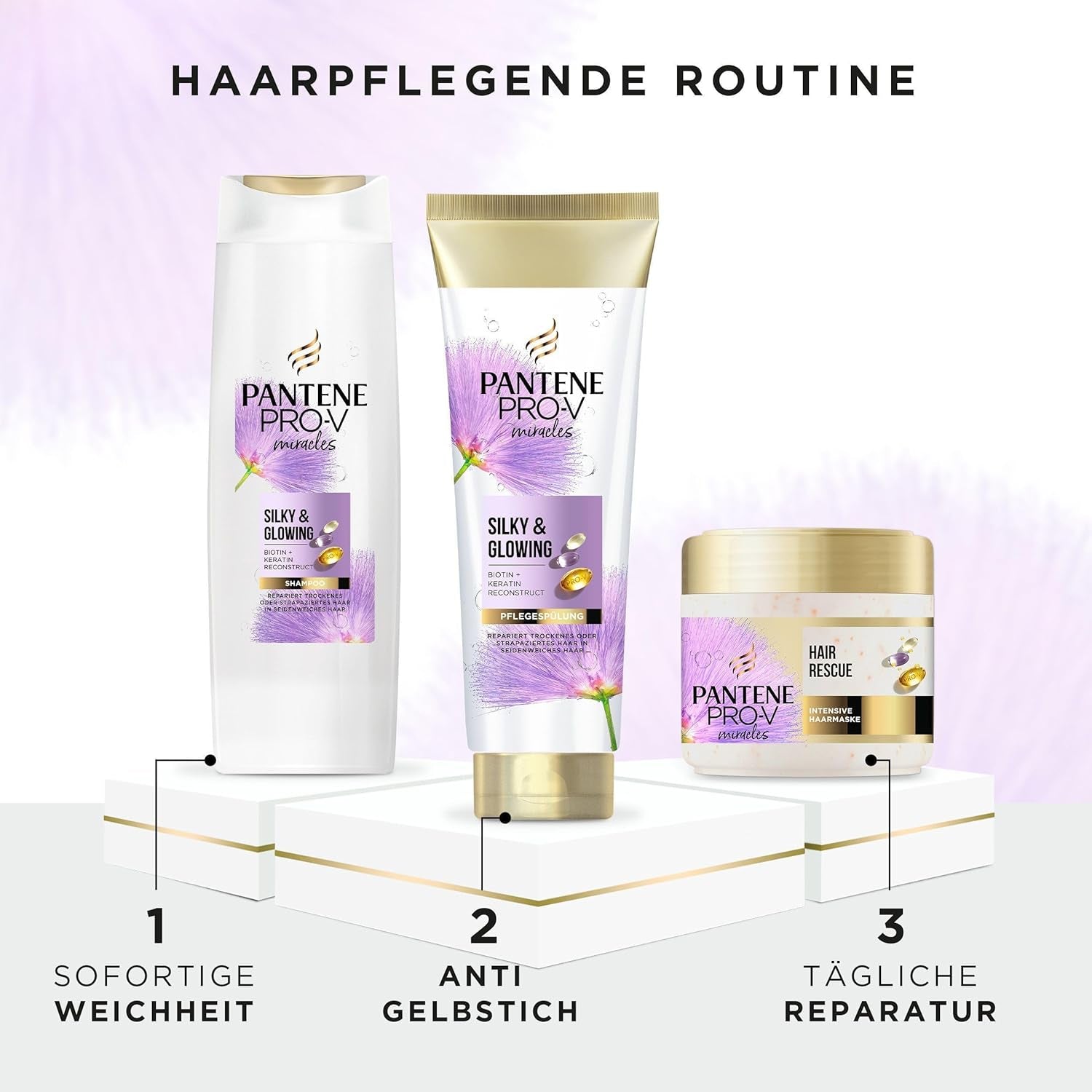 Masque capillaire intensif Pantene Pro-V Silky & Glowing Hair Rescue avec biotine et kératine Reconstruct 300 ml. Aide à réparer les cheveux secs, abîmés ou méchés Masque Capillaire Naty Shop