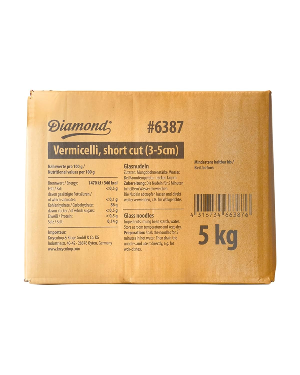 Nouilles en verre DIAMOND, nouilles courtes en verre à l'amidon de haricot mungo, naturellement végétaliennes et sans gluten - 1 x 5 kg