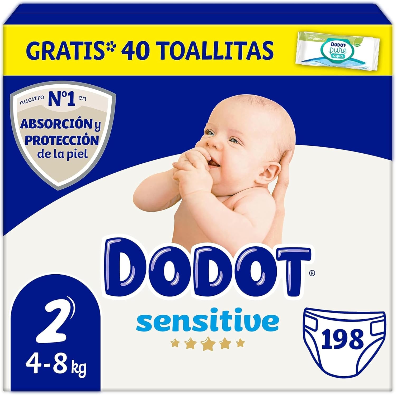 Couches sensibles pour bébé taille 2 (4-8 kg), 198 couches + 1 paquet de 40 lingettes nettoyantes gratuites, Total Aqua Care, absorption et protection de la peau, paquet mensuel