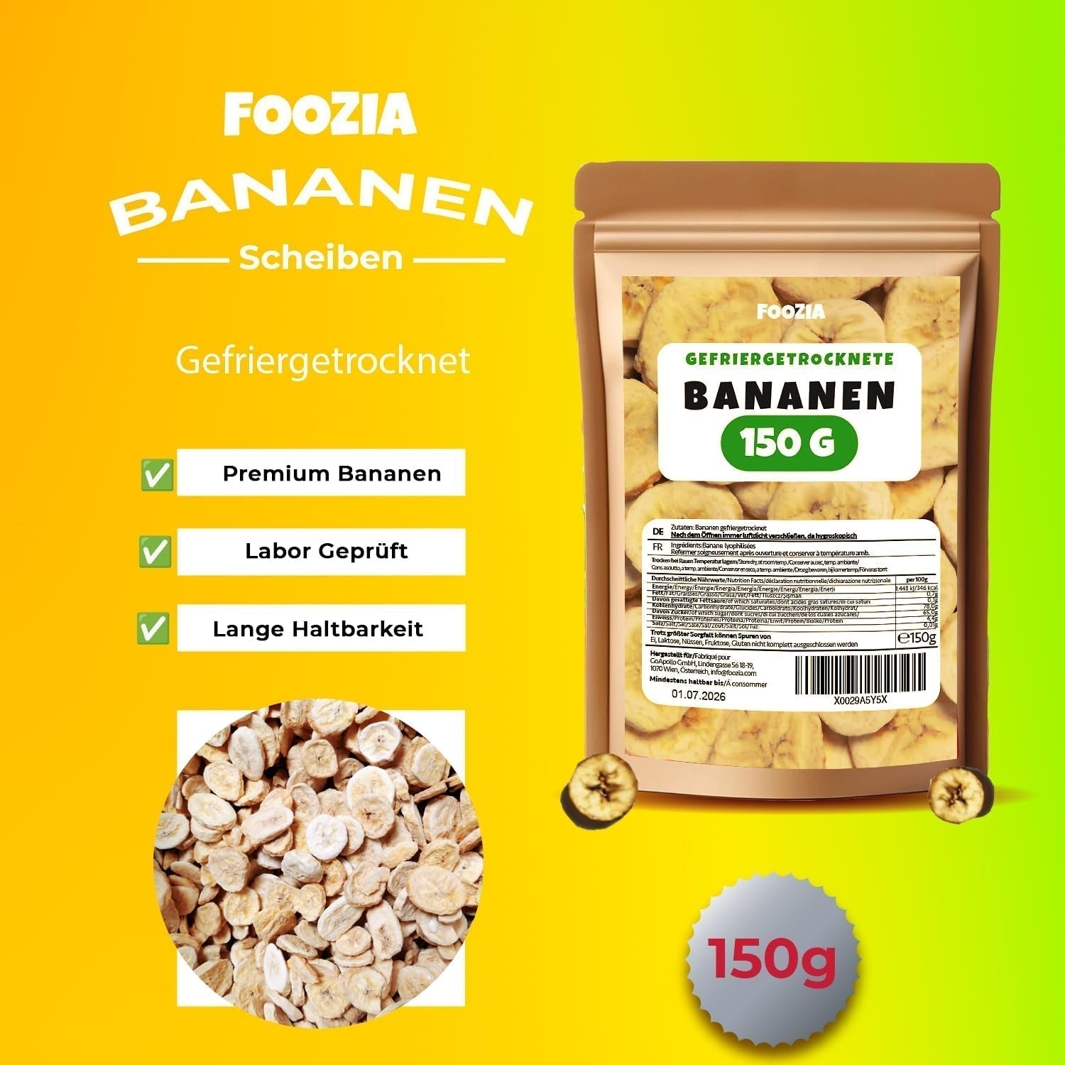 Bananes lyophilisées tranches de 150g, Fruits lyophilisés sans additifs Purs - Fruits secs 100% naturels - Bananes séchées fruits secs de Foozia Produits déshydratés Naty Shop