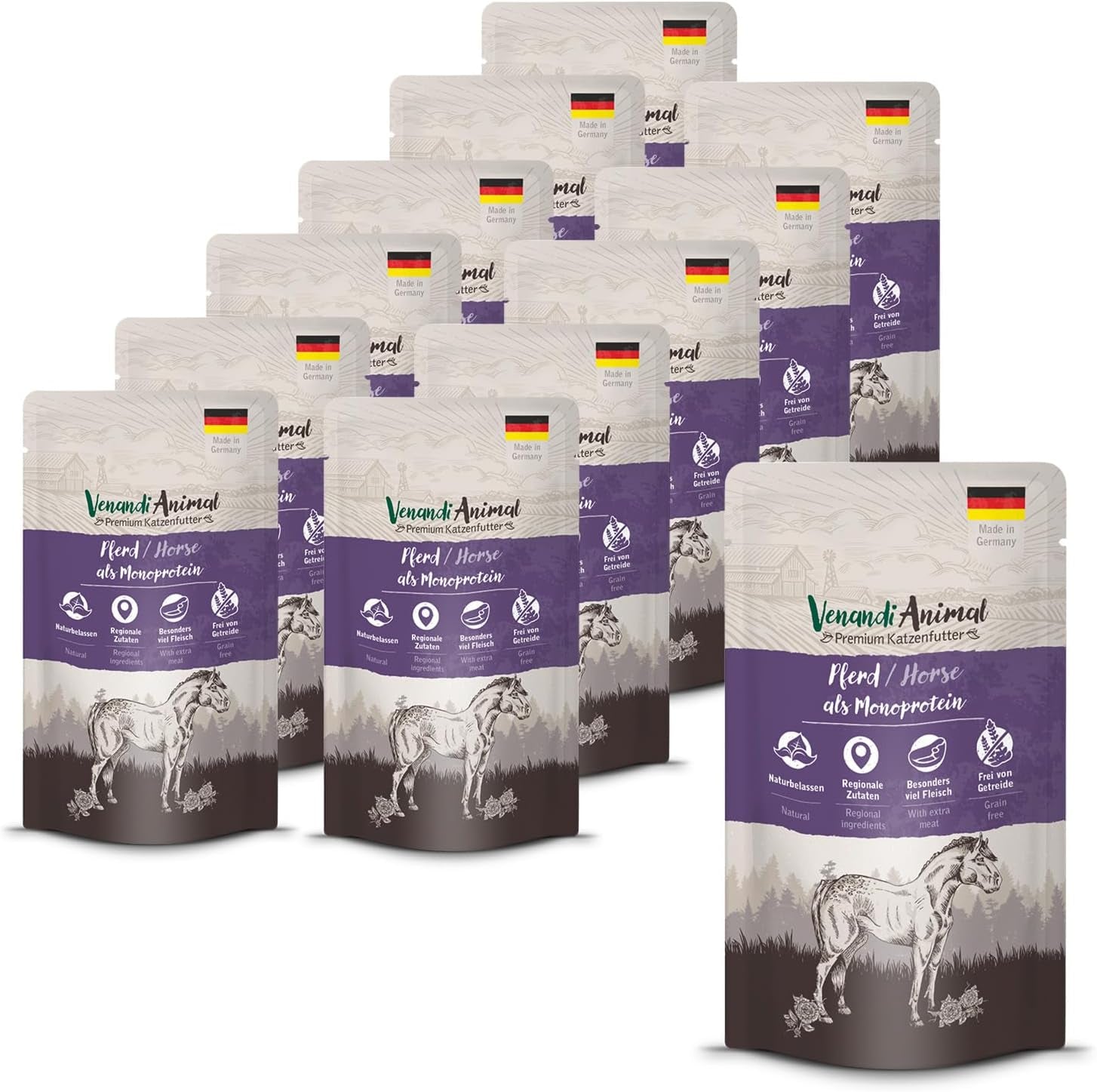 Venandi Animal - Nourriture humide de qualité supérieure pour chat - Cheval sous forme de monoprotéine, paquet de 12 (12 x 125 g), sans céréales, monoprotéine
