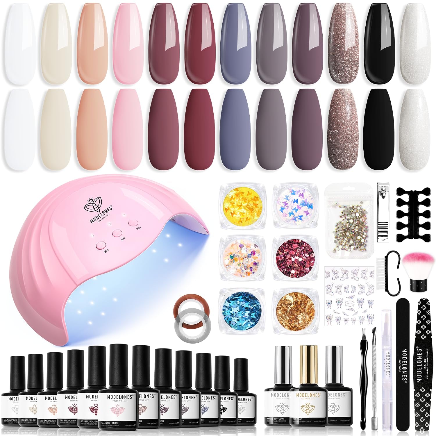 Modelones Ensemble de Vernis à Ongles Gel 35 Pièces, Ensemble de Vernis à Ongles UV avec Lampe 48W, Ensemble de Vernis à Ongles Gel Nude Marron Blanc Rose, Ensemble de Vernis à Ongles Gel UV avec Top Coat Base Nail Studio Set