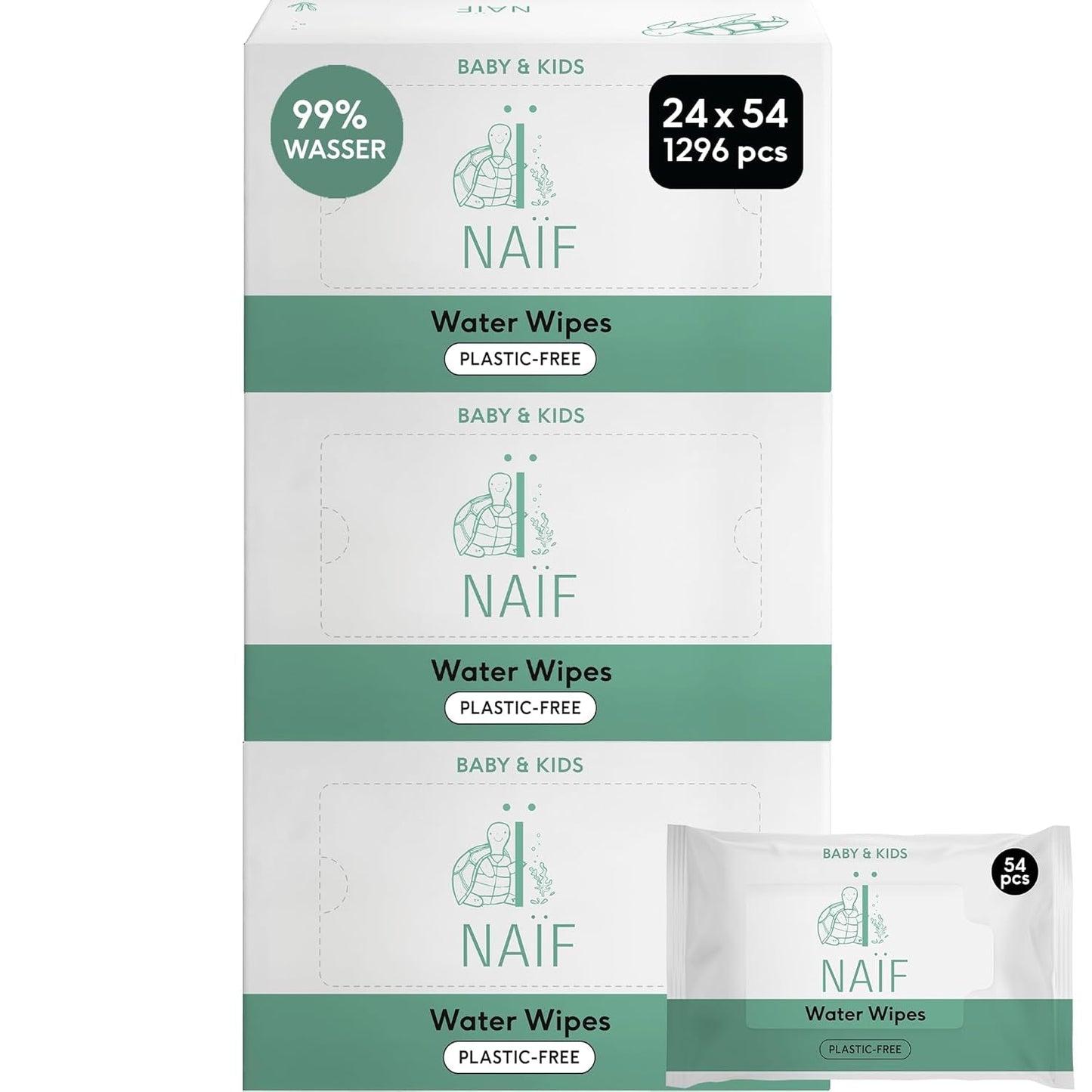 Naïf Lingettes Bébé Sans Plastique 432 Pièces (Pack de 8 x 54 Lingettes) - Soin des Fesses, du Corps et du Visage de Bébé - 99% d'eau - 0% Parfum & Alcool - Boîte de Lingettes Humides Durables, Eucalyptus Sensible