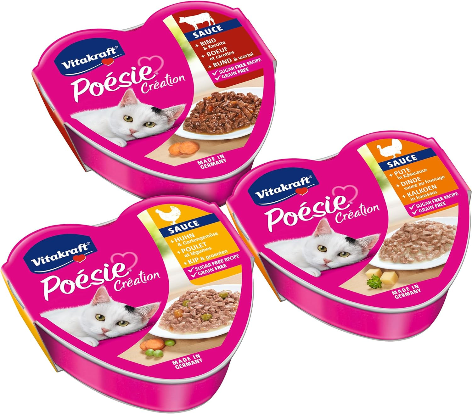 Vitakraft Poésie Création, Tender Selection, Nourriture humide pour chat, Nourriture humide pour chat en sauce, au poulet, à la dinde, au bœuf, sans sucre ajouté et sans céréales (1 paquet de 6 x 85g)