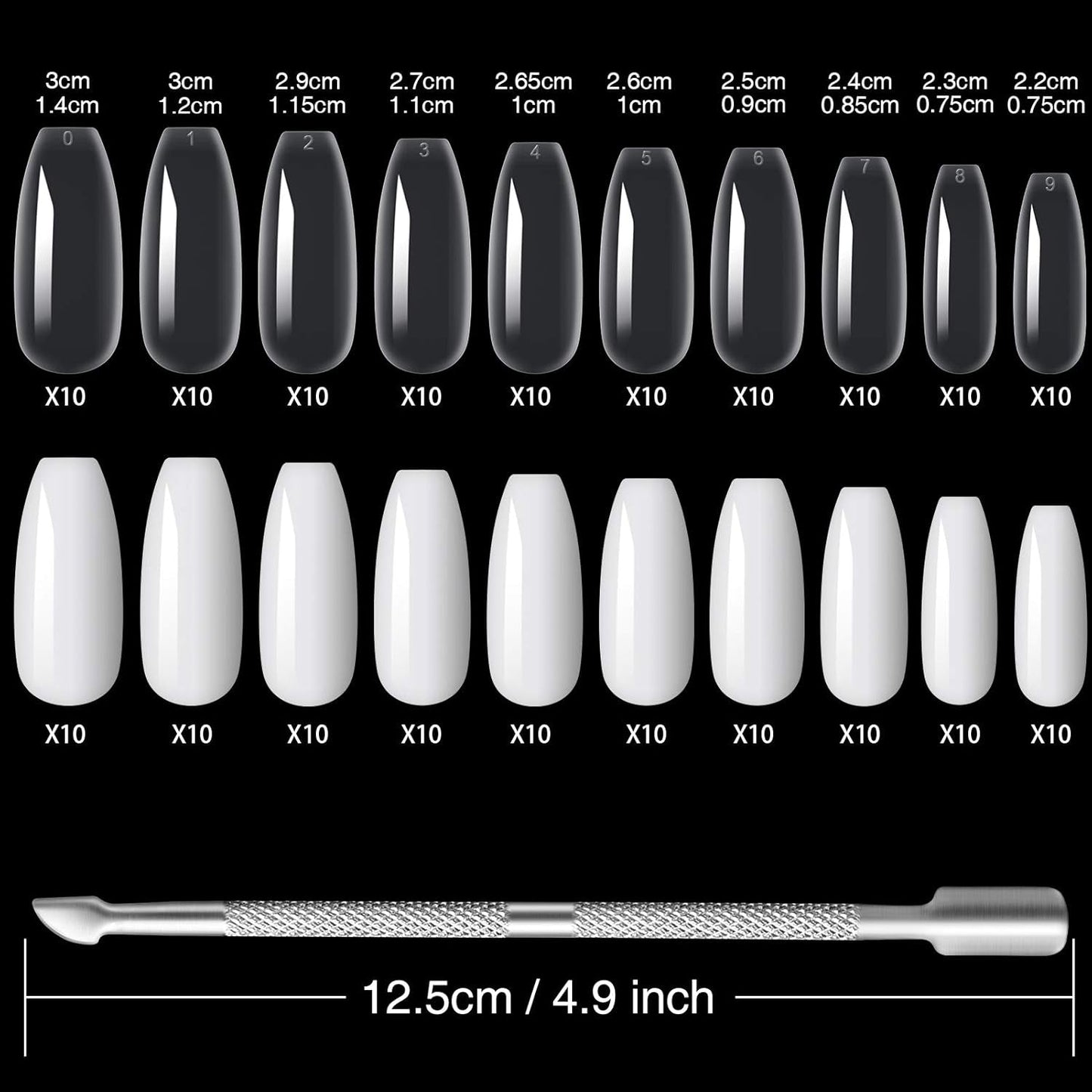 200 pcs Faux Ongles Conseils 10 Tailles Acrylique Ongles Artificiels avec Poussoir à Cuticules et Boîte Transparente pour Femmes et Filles (Naturel et Transparent)