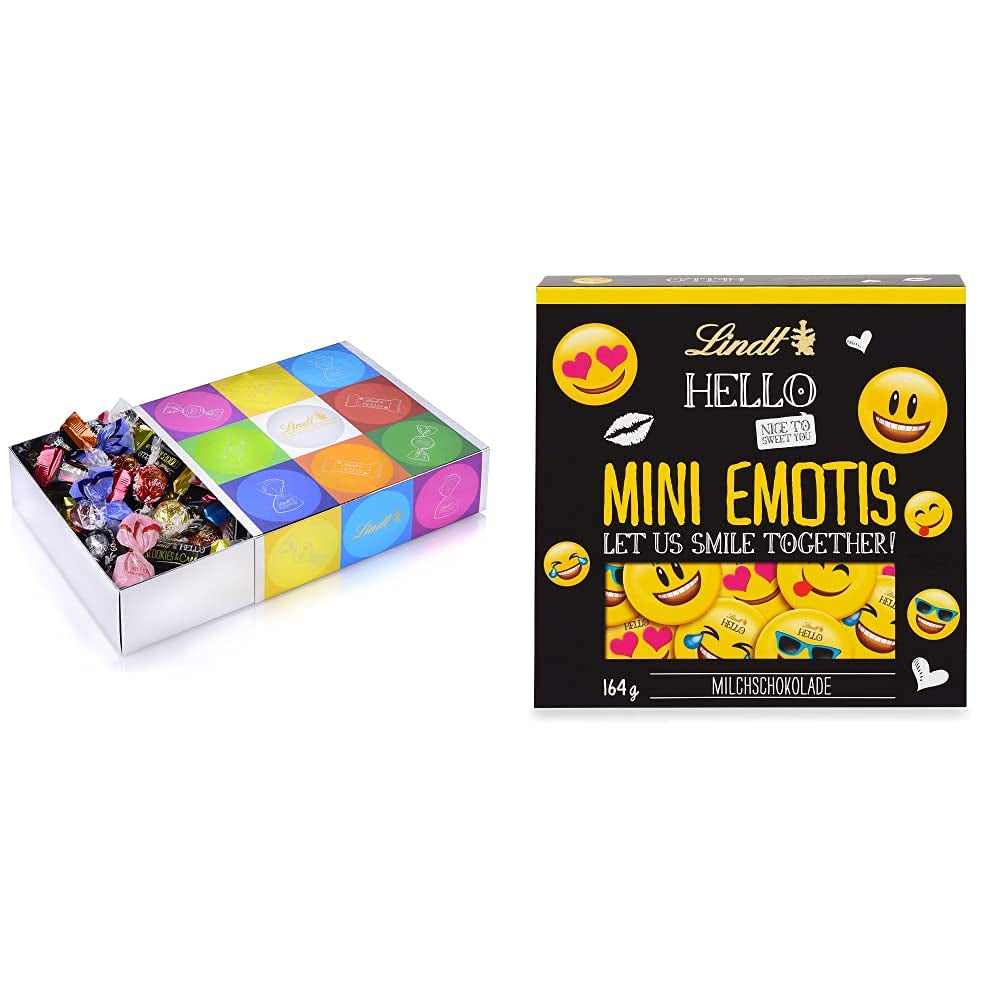 Assortiment de chocolat (37 boules LINDOR, 24 bâtonnets Hello Mini, 10 Mini Fioretto), cadeau chocolat (1 x 815 g) et HELLO Mini Emoti, chocolat au lait en 5 motifs d'émoticônes, 164 g