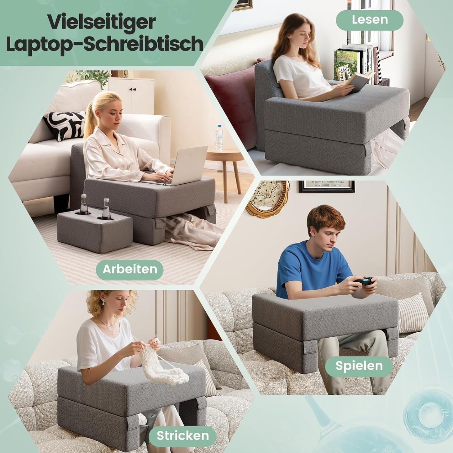 Oreiller de lecture pour lit et canapé, coussin de livre, librement combinable avec porte-boisson et housse lavable, oreiller de bureau réglable pour ordinateur portable pour lire, jouer, travailler, écrire (gris)