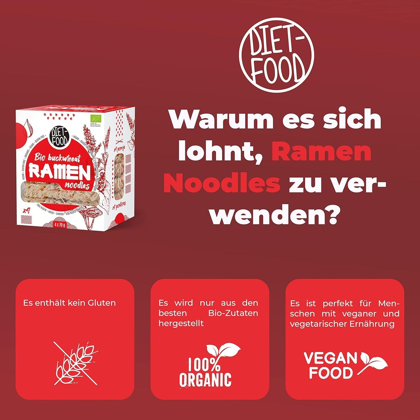 DIET-FOOD Nouilles ramen au sarrasin biologiques, aliments végétariens et végétaliens, sans gras, sans soja, sans gluten, nouilles diététiques solubles dans l'eau, faibles en calories, 280 g