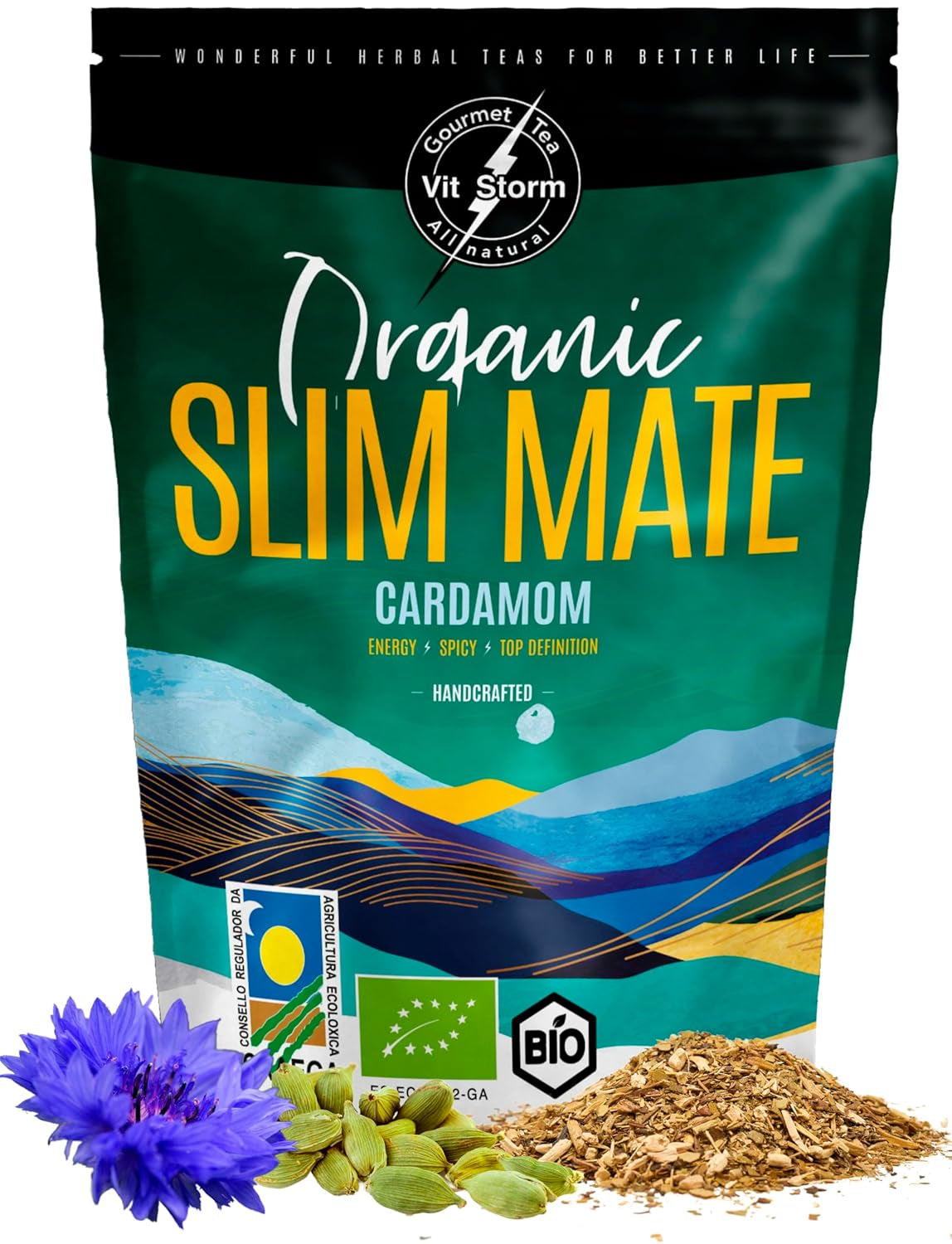VITSTORM® Slim Tea Cardamome – Thé BIO Yerba Mate – Thé détox et diurétique – 100G