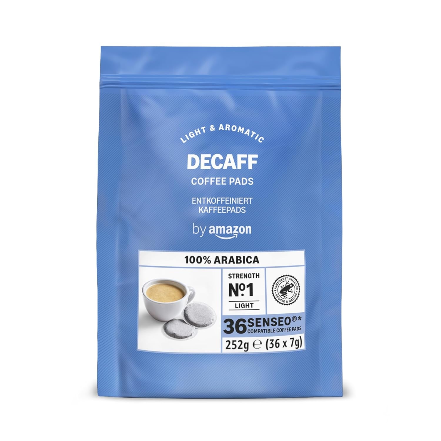 by Amazon Entkoffeinierte 100% Arabica-Kaffeepads, geeignet for Senseo-Maschinen, medium Röstung, 36 Stück (1 Packung mit 36 ​​​​Stück) – Rainforest Alliance certifié