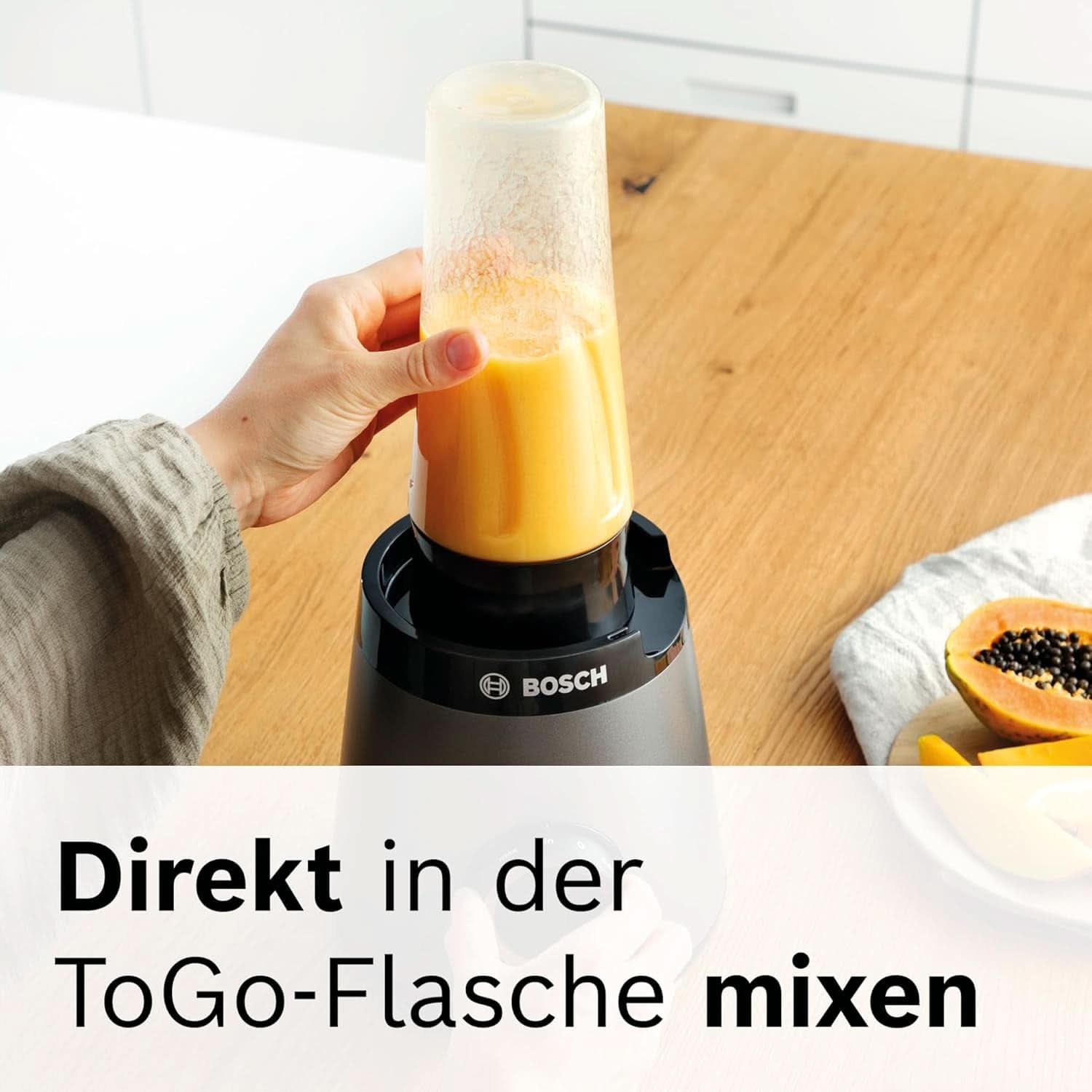 Bosch Batteur sur socle Vitapower Serie 4 MMB6174SN, Version Verbesserte, Hochwertige Edelstahl-Klingen, 1,5L Glasbehälter, 0,6L To-Go-Flasche, Spülmaschinenfeste Teile, 30 000 U/Min, 1200 W, Silver Kitchen Naty Shop