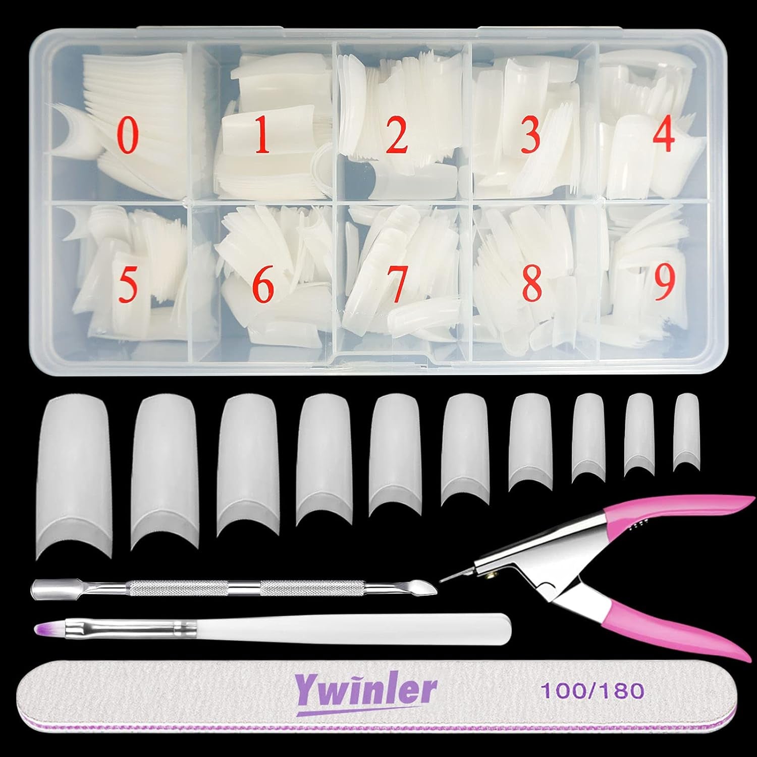 Faux ongles 500 pièces couleur naturelle faux ongles artificiels 10 tailles bricolage acrylique avec boîte brosse à ongles cuticule poussoir lime à ongles
