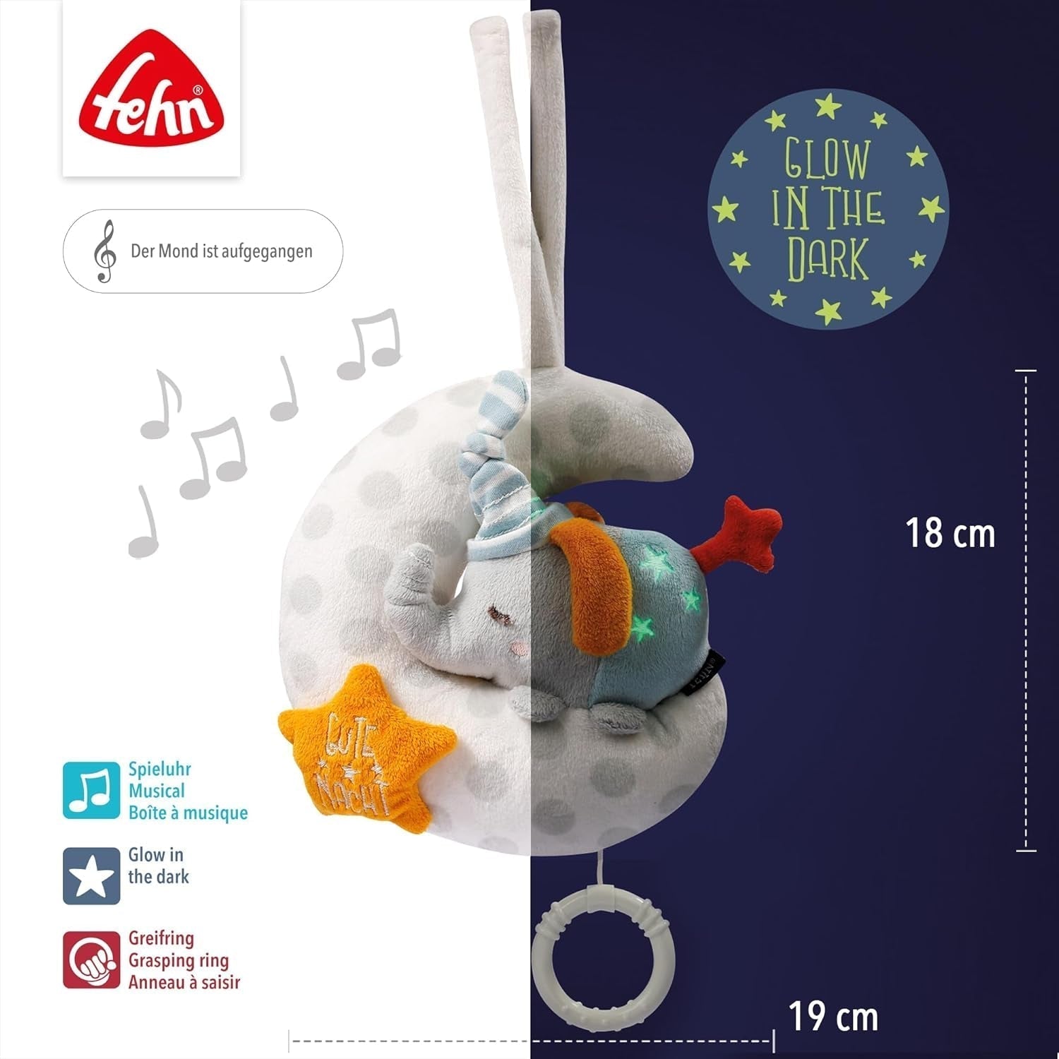 Fehn boîte à musique bébé éléphant dans la lune - broderie "Glow-in-the-dark" avec la chanson "La lune s'est levée" - peluche pour vous aider à vous endormir - jouet pour les enfants en déplacement et à la maison - à partir de 0 mois Baby Toys Naty Shop