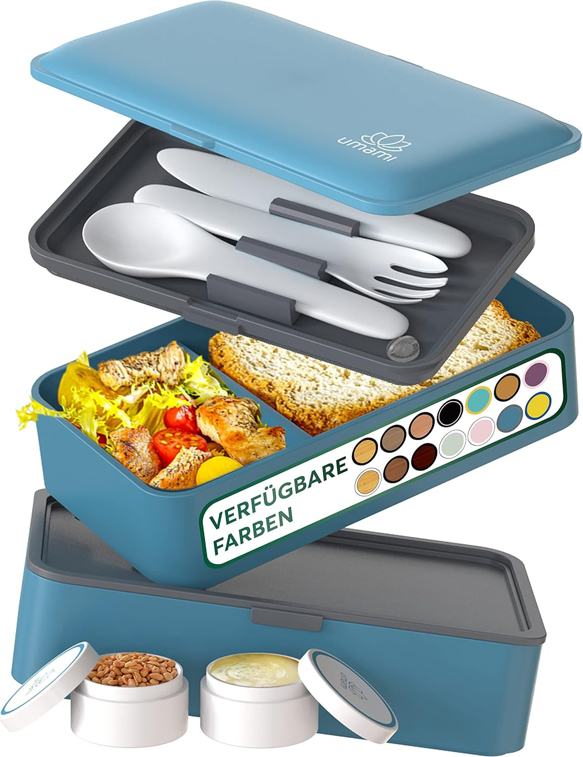 Umami Boîte à Lunch pour Adultes, Boîte à Bento Empilable avec 4 Couverts et Compartiments, Boîte à Lunch Adulte, Récipient à Salade à Emporter, Boîte à Lunch Pique-Nique/Bureau, Gris Charbon, 1500 ML Boîtes de Conservation des Aliments Naty Shop Denim Blue L - 1200 Ml