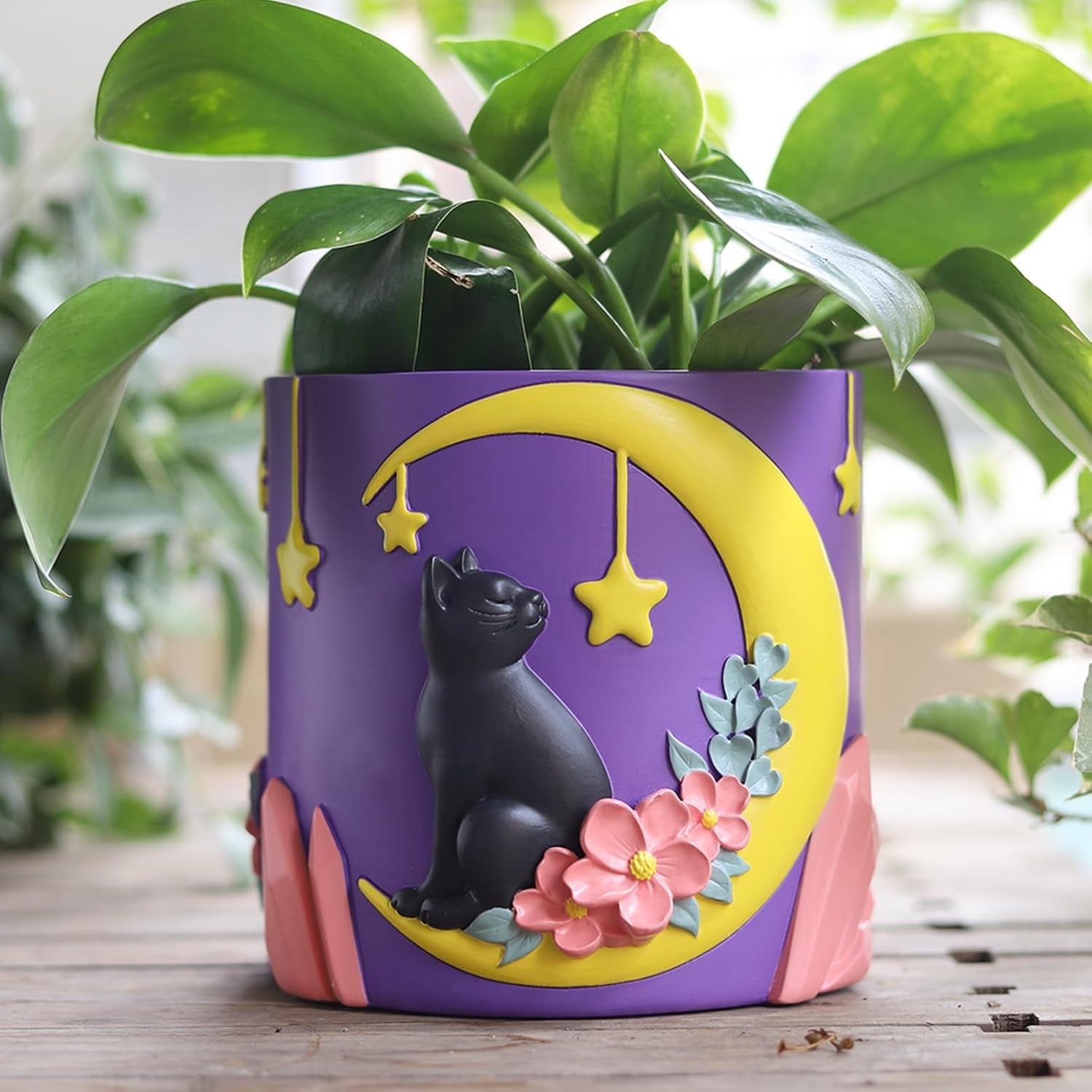 GUGUGO Pots de Fleurs Chat Lune Mignon, Pot de Fleur Unique avec Drainage, Couleurs Arc-en-Ciel, Petits Pots de Plantes d'intérieur, Pots de Jardin Succulents Amusants, Cadeau, Décoration de la Maison (C)
