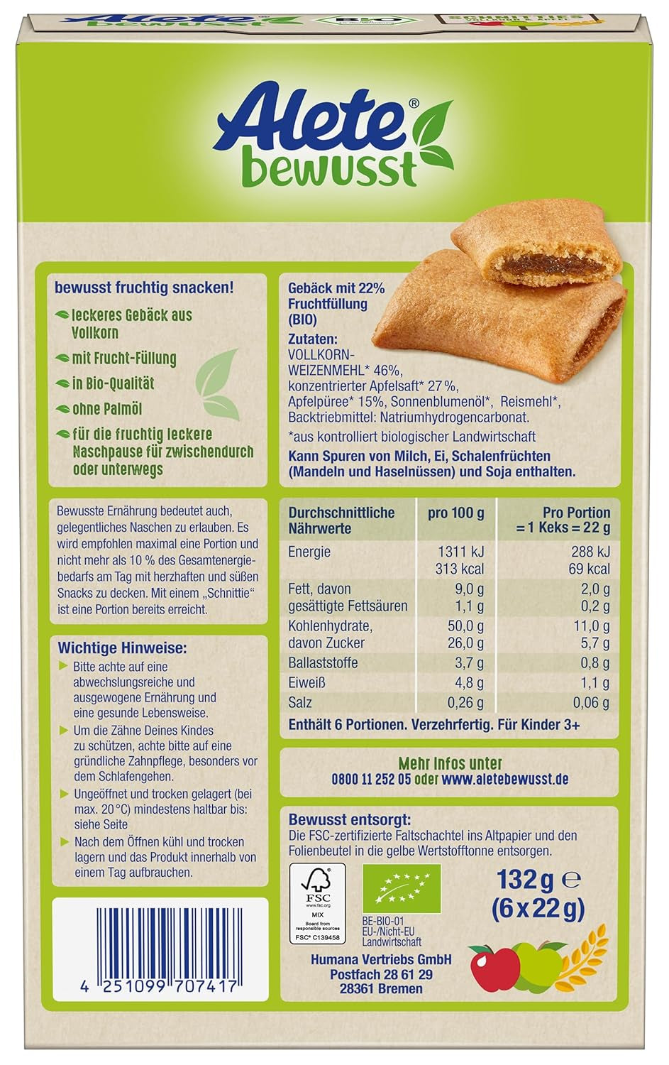 Alete Tartes tranchées bio aux grains entiers et aux pommes 6 x 22 g