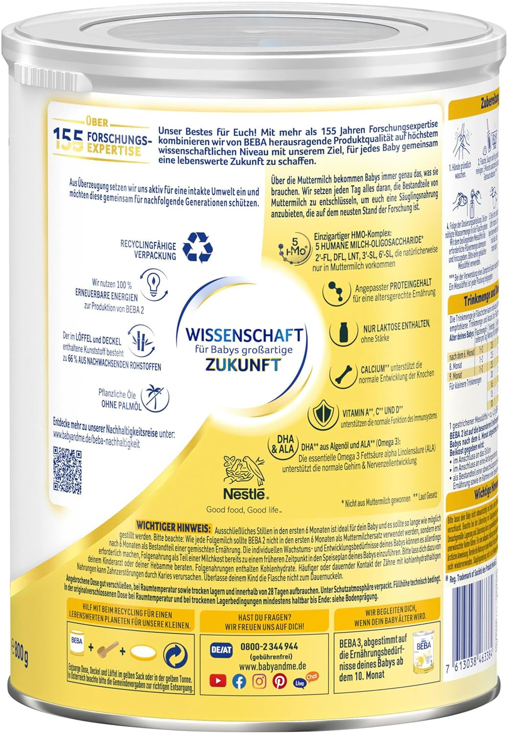 BEBA 2 - Lait de suite après 6 mois, avec complexe 5 HMO, teneur en protéines adaptée à l'âge, sans lactose, sans huile de palme, sans huile de poisson, nourriture pour bébé, lait en poudre pour bébé, lot de 3 (3 x 800 g)