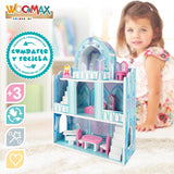 Maison de poupée en bois, Châteaux de princesse en bois, Maisons de poupées, 3 étages, Châteaux de princesse, 9 pièces en bois, 37x15x53,5 cm, Jouet en bois, 3 ans et plus