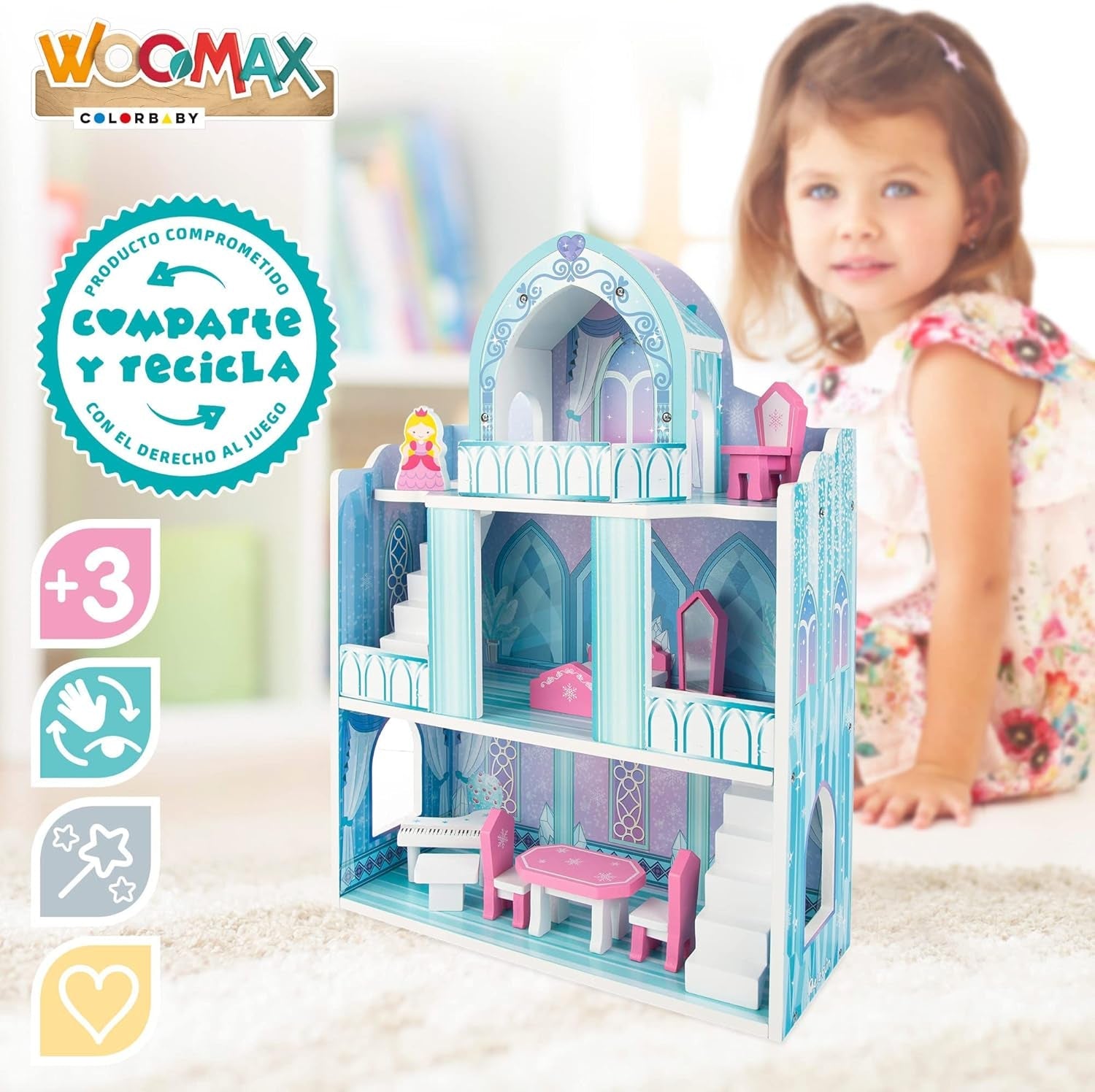 Maison de poupée en bois, Châteaux de princesse en bois, Maisons de poupées, 3 étages, Châteaux de princesse, 9 pièces en bois, 37x15x53,5 cm, Jouet en bois, 3 ans et plus